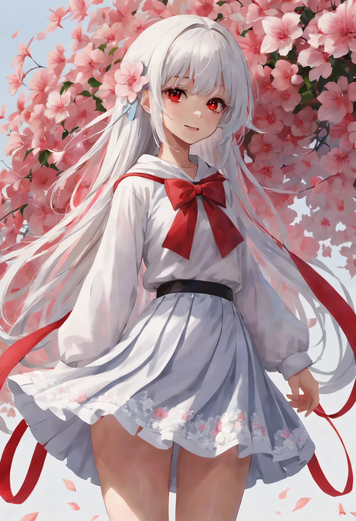 masterpiece, best quality, 1 girl, alone, long_hair, watch_exist_audience, white hair, red eyes, Smile, Bangs, skirt, shirt, long_sleeve, hexist, skirt, bow, Keep, closure_Mouth, flower, decorate, hair_flower, flower瓣, flower束, Keep_flower, center_decorate, hood, Keep_flower束, vertical painting, whole body, White background,  