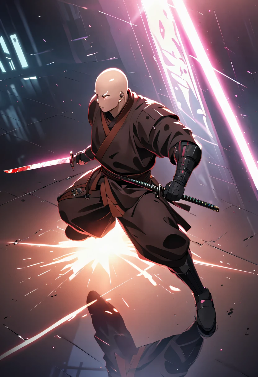 sh4g0d风格赛博朋克武士，(cape mask:1.2),(Strong dynamic stance)，struggle，(blood spatter)，Strong，His face is very determined， 8k, Ultra-detailed, precise, best quality