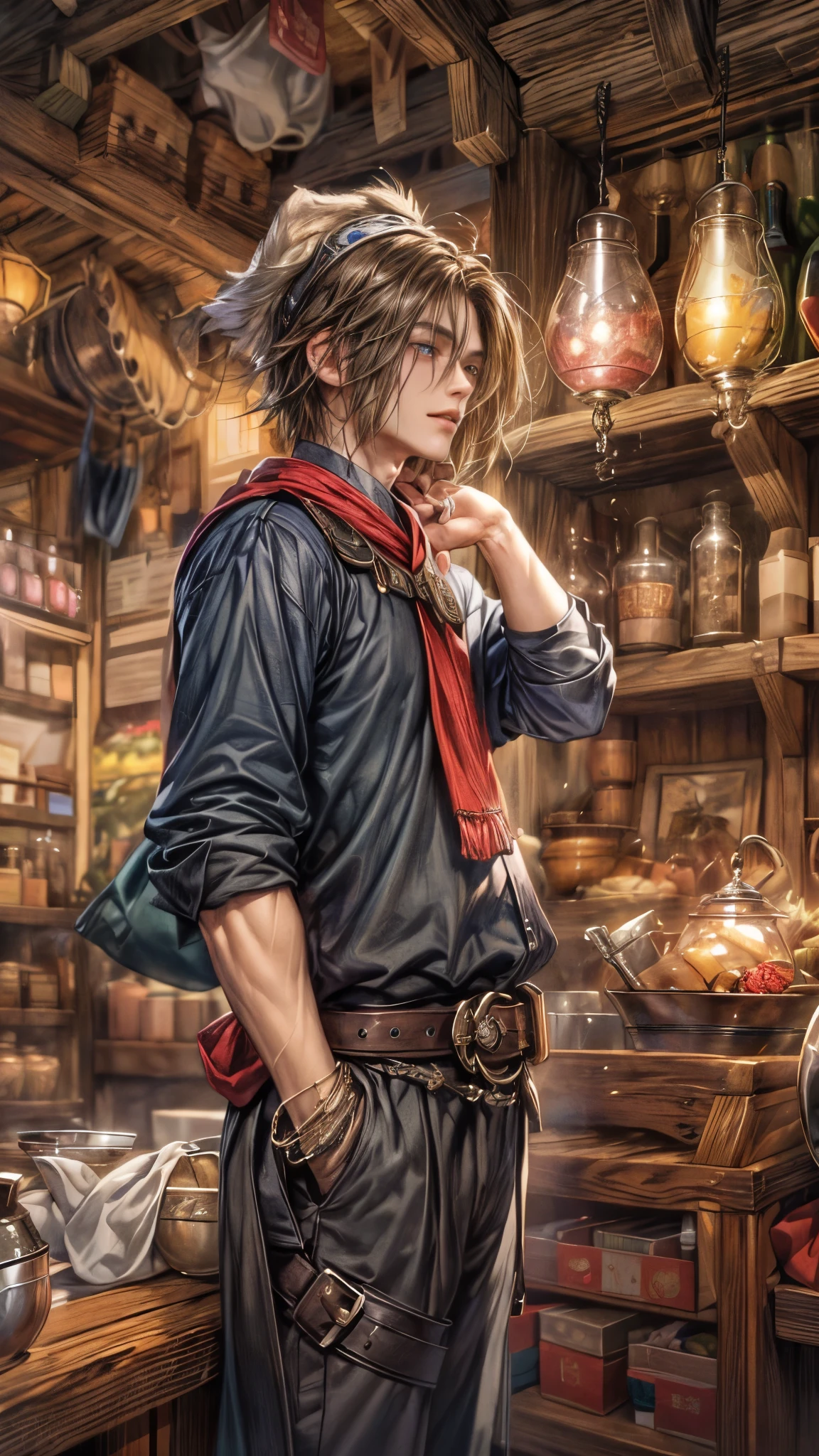 (absurdres, highres, ultra detailed, HDR), masterpiece, intricate, best quality, portrait of a handsome hero from Final Fantasy IX, short hair, korean face, anime eyes, merchant outfit detailed interiors of an rpg items shop, detailed character