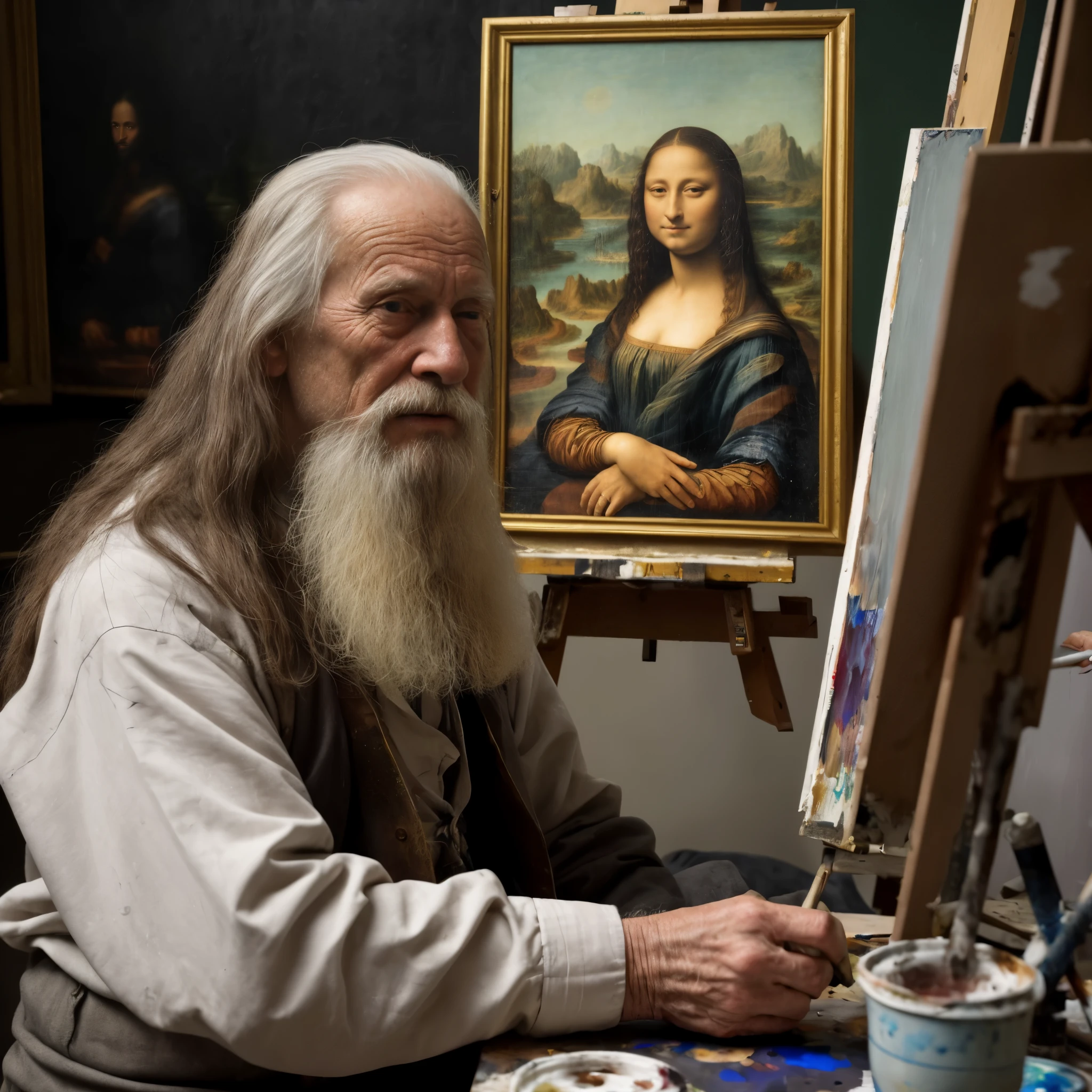 Side view. Elderly man as Leonardo da Vinci, long hair and beard, sitting at the table and painting a portrait of Mona Lisa. Focused on the painting. Clothes stained with paint stains. The painting is small without a frame, on a small easel, standing on a table. Next to it there is a palette, paints in small ceramic bowls, a table covered in paint, dark interior of a painting studio, dark wooden walls in the background, general chaos. Lots of details, other paintings by the master on the walls. Daylight coming through the window and illuminating the painting and the figure of the painter.