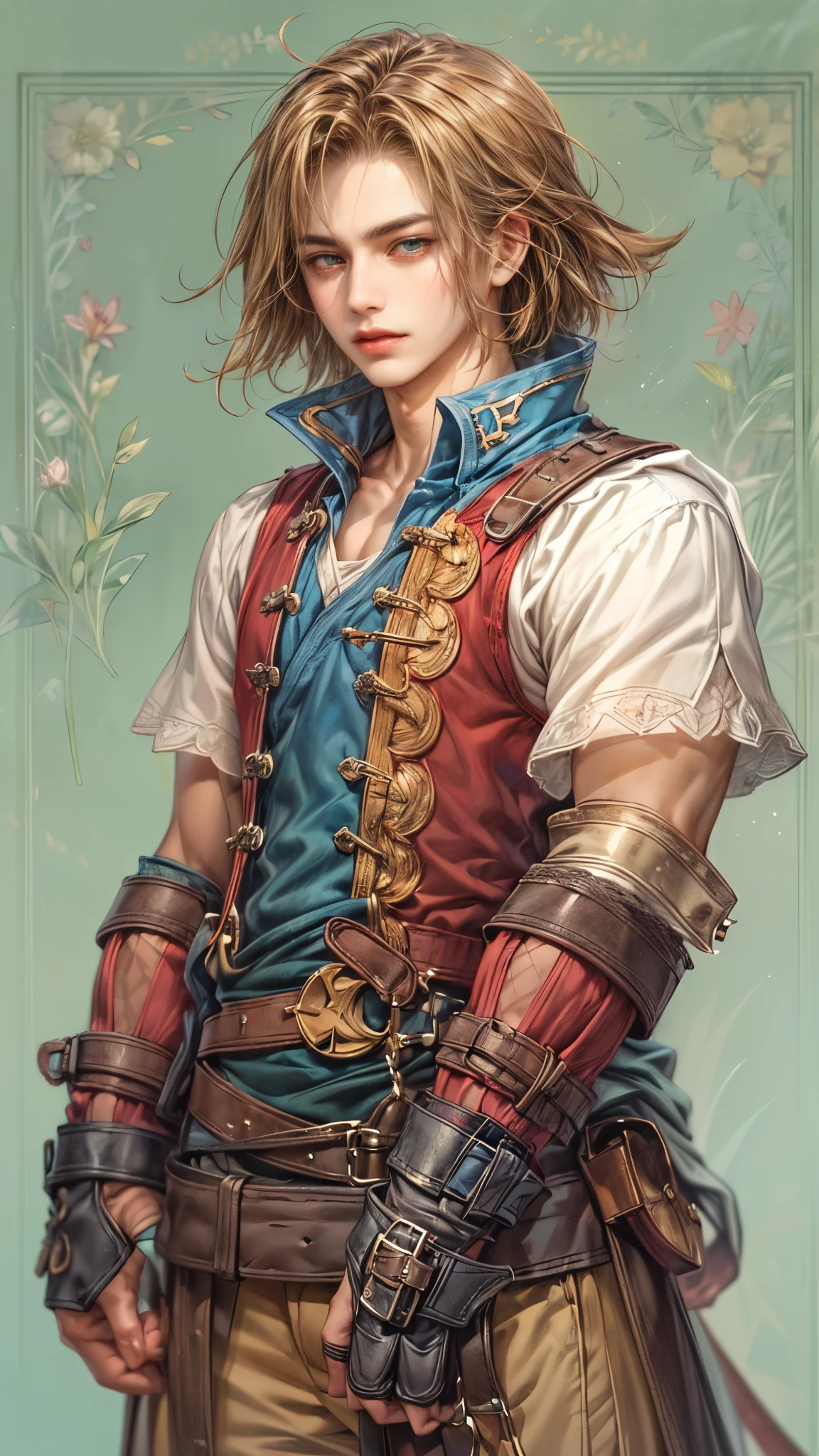 (absurdres, highres, ultra detailed, HDR), masterpiece, intricate, best quality, portrait of a handsome hero from Final Fantasy IX, short hair, korean face, anime eyes, merchant outfit detailed interiors of an rpg items shop, detailed character