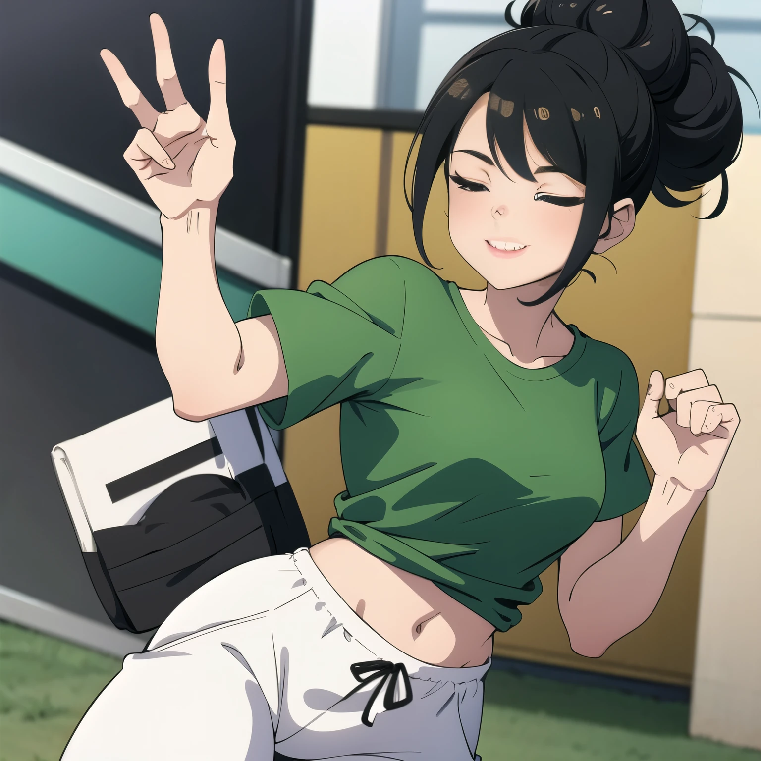 Cute woman, black hair, messy bun, squinted eyes, cute smile, baggy green t shirt, white track pants
