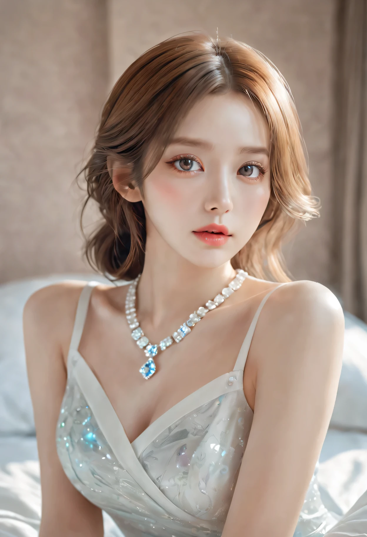 16k ultra-fine CG wallpaper, masterpiece, Excellent picture quality, Super exquisite), (Excellent light and shadow, Exquisite and beautiful), truly smooth skin, bright face, 18K close-up perfect display, change, charming, Girl wearing sophisticated sleeveless shirt and long skirt, Lying prone on the big white bed, Colorful jewel-like eyes.