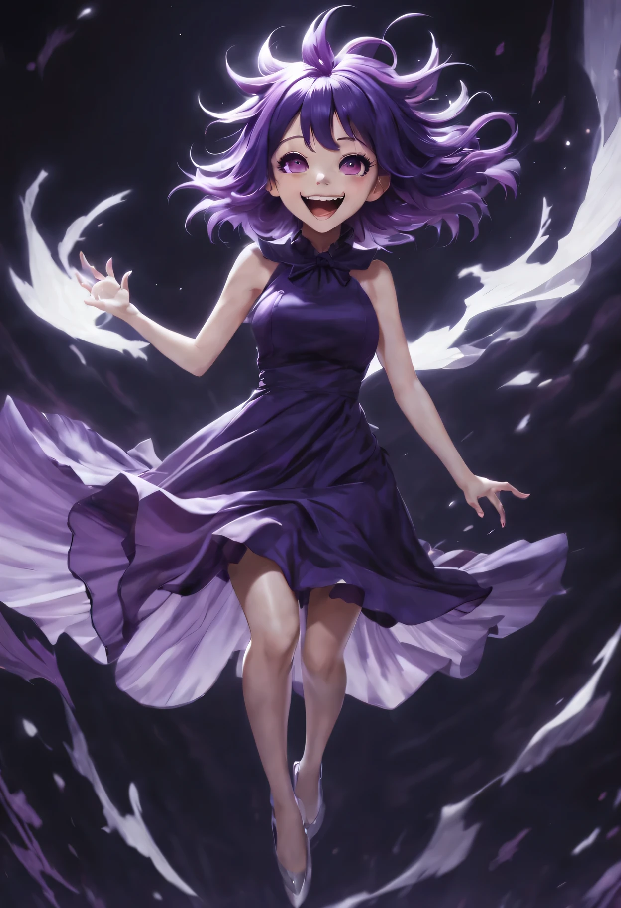 ghost, (monster girl), purple skin, peak, spiky purple hair, burst into laughter, floating hands, Wearing a dark purple dress, floating in mid air, masterpiece, best quality