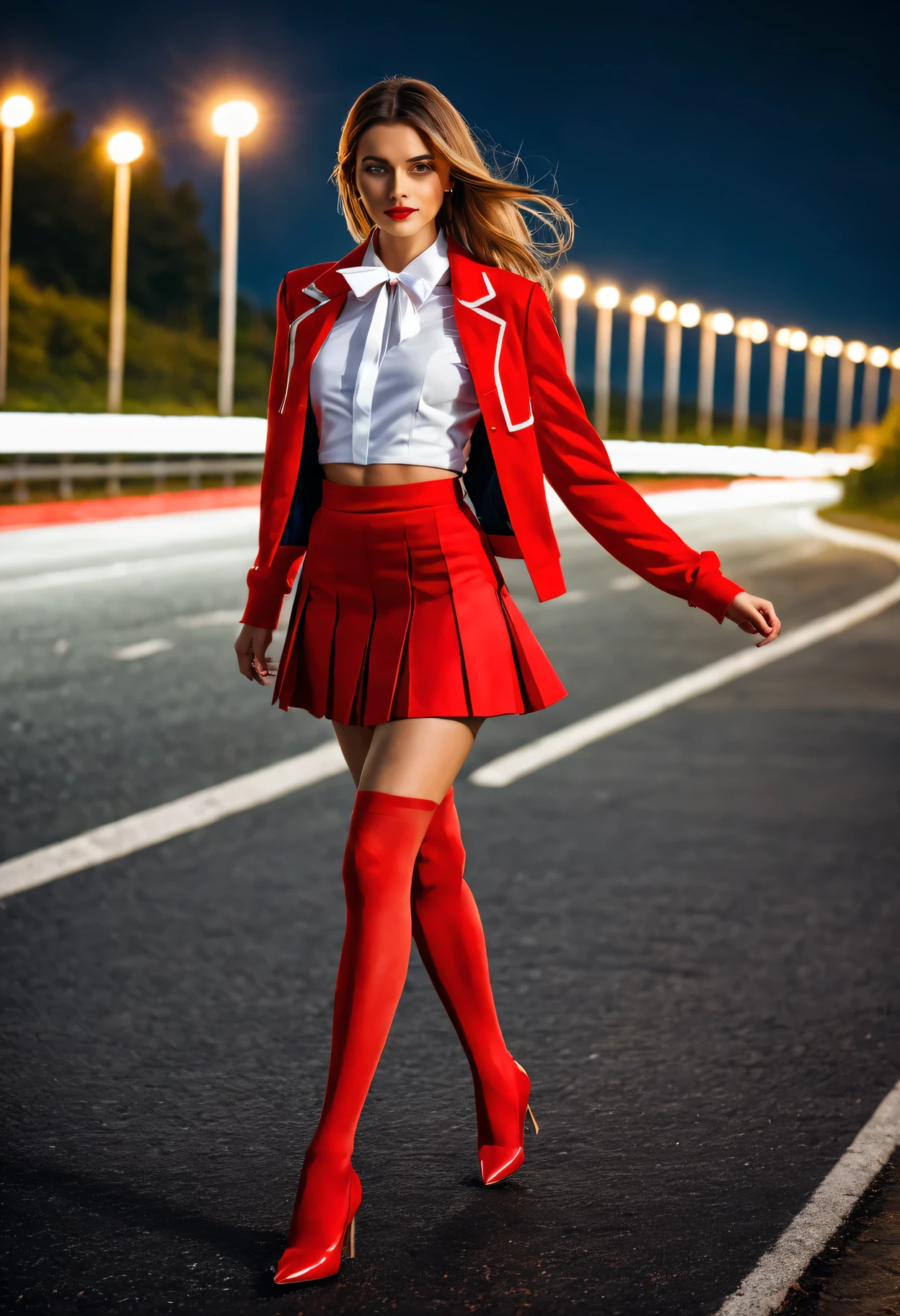 masterpiece, best quality,, Maruzinski (fresh beans),, Red stockings, red jacket, pleated skirt, red skirt, long sleeves, collar, red shirt, open jacket, white bow, open clothes, high-heel boots, asphalt road, running, sight, night sky, neon, from above,, 