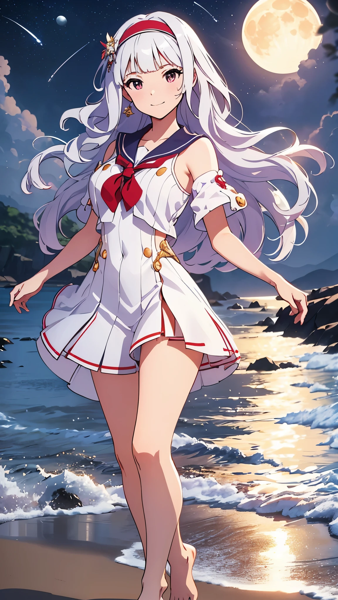 CG, unity, 8k, wallpaper, highest quality, masterpiece, lovely woman, 18-year-old, white hair, white skin, idol pose, sailor suit, barefoot, (Realistic:1.2), best lighting, complex pupils, complex textile, detailed background, (There is a moon at the back: 1.3), starry skies, night, In the beach