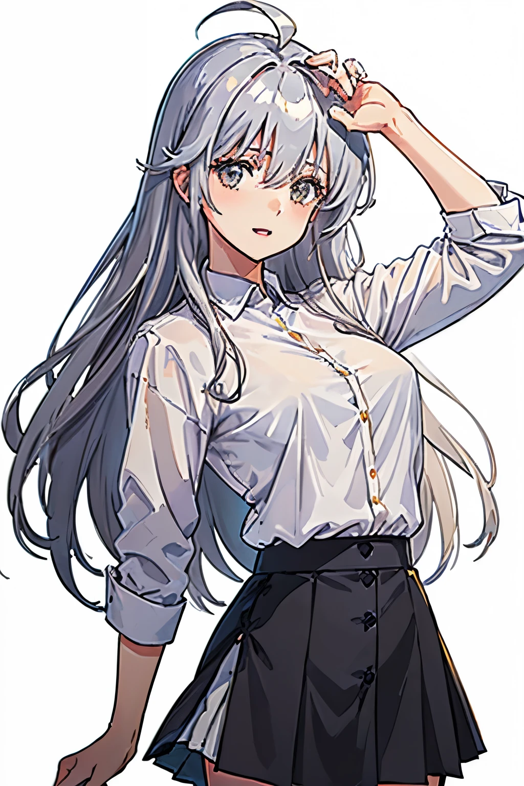 ((masterpiece, highest quality)), (1 girl), (alone), (female focus), (Ahoge, gray hair, very long hair), golden eyes, clear smile, open your mouth, ((white shirt), (shirt with buttons), (gap button)), ((black skirt), (short skirt)), Are standing, white background, turn your arms behind your back, dynamic angle