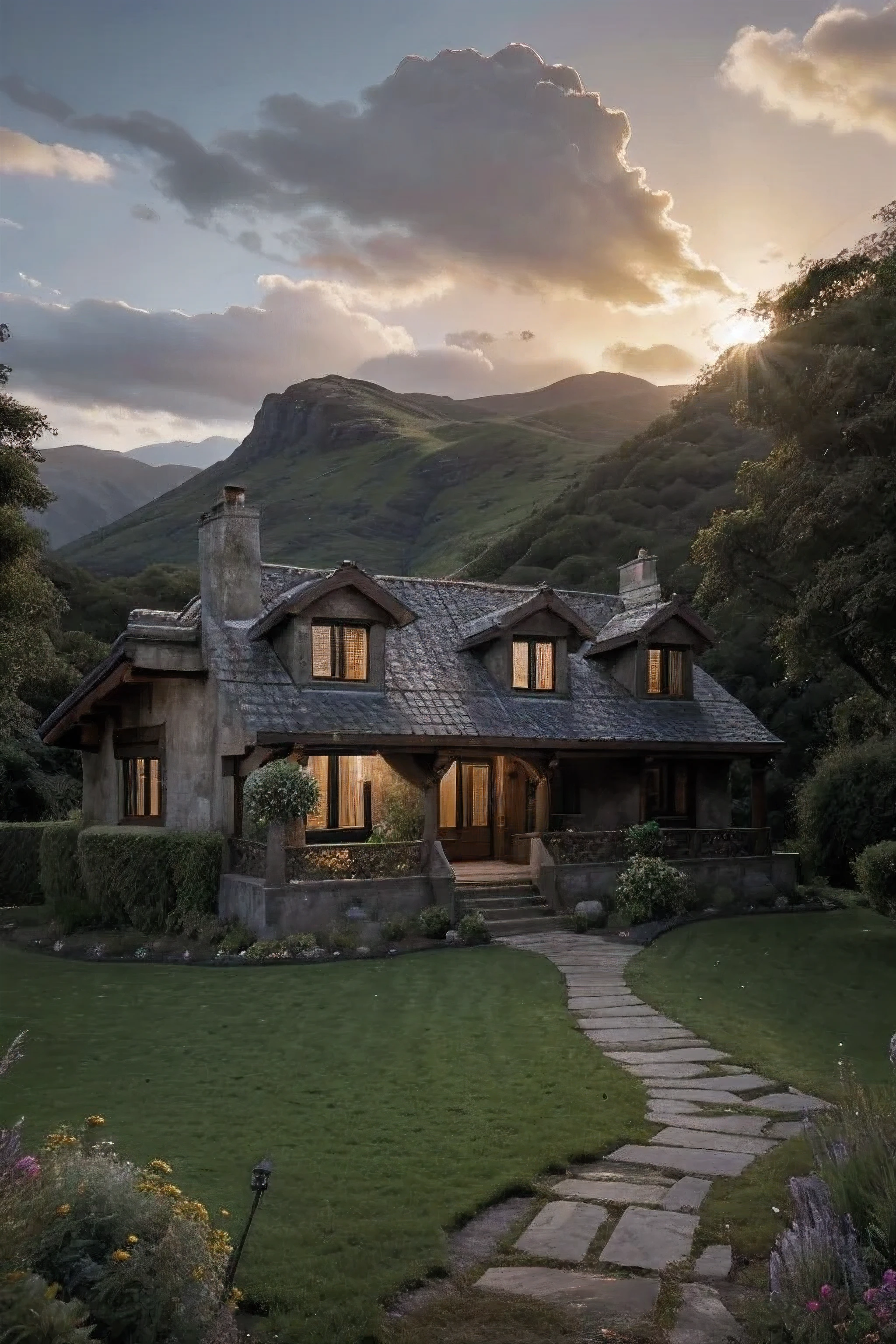 Produce an image of exceptional photo quality, que atinge o auge do ultra-realismo, depicting a majestic house with traditional Scottish architectural design, immersed in the enigmatic atmosphere of the Highlands. This house must proudly display the distinctive features of classical Scottish architecture: Steep roofs adorned with dark gray slate tiles that glow in the twilight; solid stone walls, whose surfaces tell stories of bygone eras through their aged texture and the moss that partially covers them; sash windows that reflect the last ray of sunlight, and an imposing chimney, symbol of a welcoming home. The scenery is a spectacle in itself, situated at the exact moment the sun sets behind the mountains, bathing the sky in shades of orange, rosa e roxo. Twilight light filters through the clouds, creating a dramatic play of light and shadow that enhances the texture and shape of each element of the house and the surrounding landscape. The land surrounding the house is a tribute to the wild beauty of the Highlands, com campos de grama alta ondulando ao vento, arbustos resistentes dispersos e, Ao longe, imposing mountains that are guardians of this isolated kingdom. Detalhes meticulosos devem ser incorporados para enriquecer a cena: desde o efeito de pedra envelhecida que adorna as paredes externas da casa, including the robustness of exposed wooden beams that promise strength and stability, ao jardim cuidadosamente desenhado que envolve a casa, com plantas nativas que florescem em meio a pedras e caminhos de cascalho. This garden is&#39;is not just a complement to the rustic aesthetic; is a sanctuary celebrating the connection between Highland architecture and wildlife. A imagem final deve evocar um profundo sentimento de pertencimento, a refuge where time seems to stop, offering a moment of serenity and contemplation, A mulher deve estar completamente nua. Seios grandes, cintura fina e bunda grande.