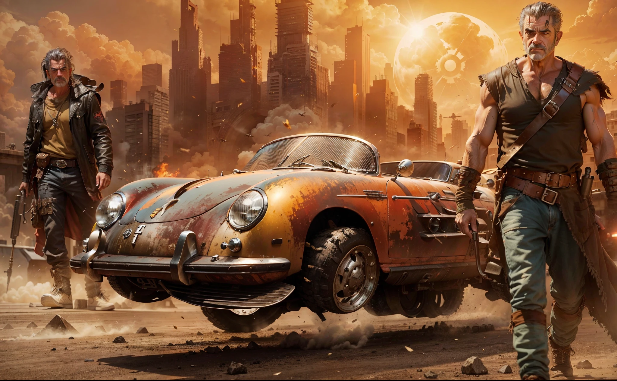 A grunge and deteriored Hover Porsche 356 transformed in a battle car with missiles and machine gun with an warrior man Mel Gibson is in right side and a warrior woman in the left in the background theres a huge city with a lot of shosts buildings and a large sun shining