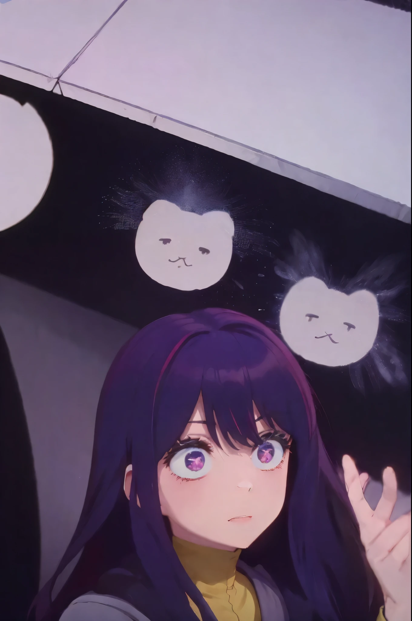 Hoshino Ai, long hair, purple hair, streaked hair ,purple eyes, star-shaped pupils, hair ornament, ds9st red and black uniform constricted pupils
