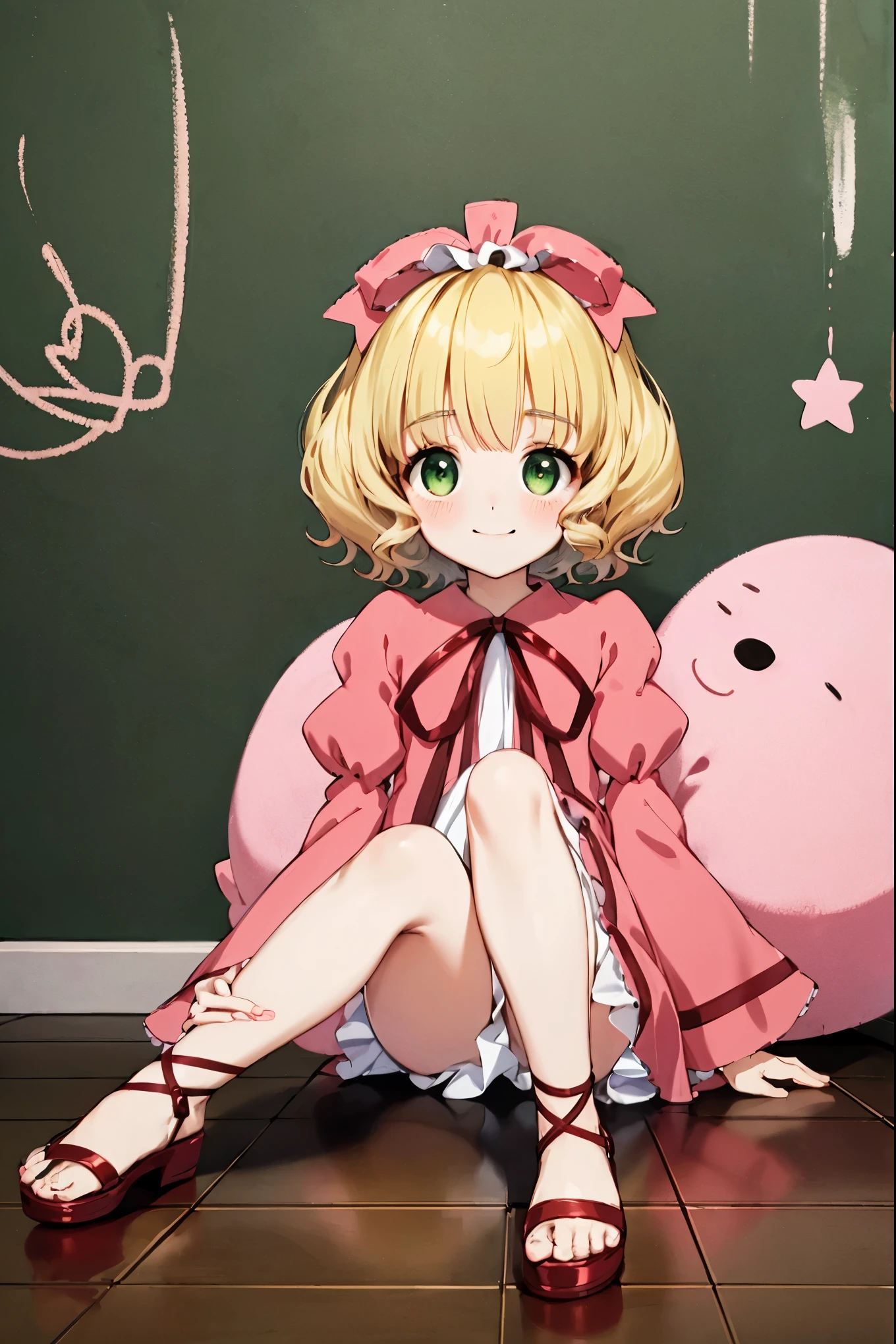 masterpiece, highest quality, 8k, ultra high resolution, highest quality, anime style, best writing, beautiful face, bob cut、room, blonde, green eyes, masterpiece, highest quality, Hinaichigo, pink dress, white dress layers, (bloomers:0.6)、sit with legs stretched out on the floor、blush、smile