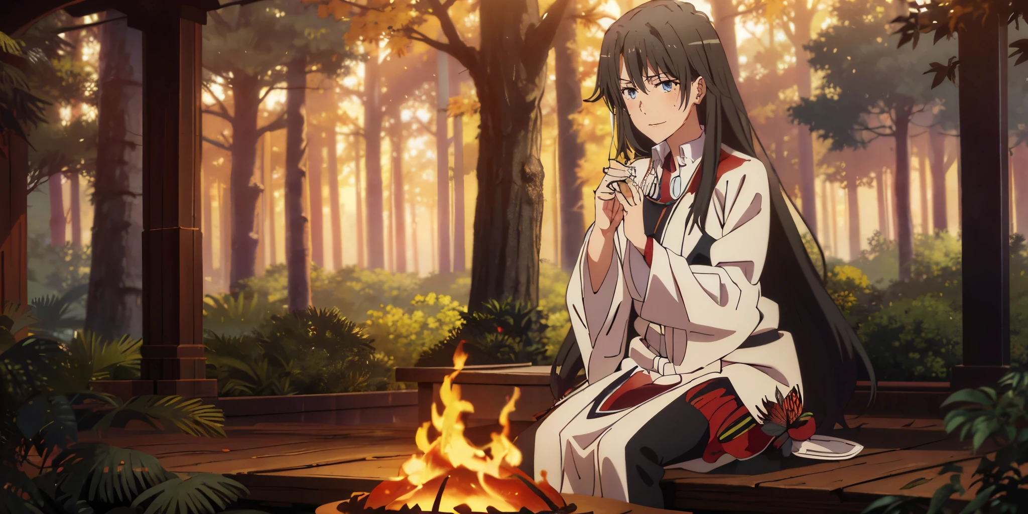 sensei, long hair, black hair, blue eyes, jewelry, neckalce, 1girl, solo, nature, wide_sleeves, forest, tree, black_legwear, long_sleeves, sitting, looking_at_viewer, outdoors, autumn_leaves, autumn, jewelry, fire, insect, bug, dress, butterfly, blush
