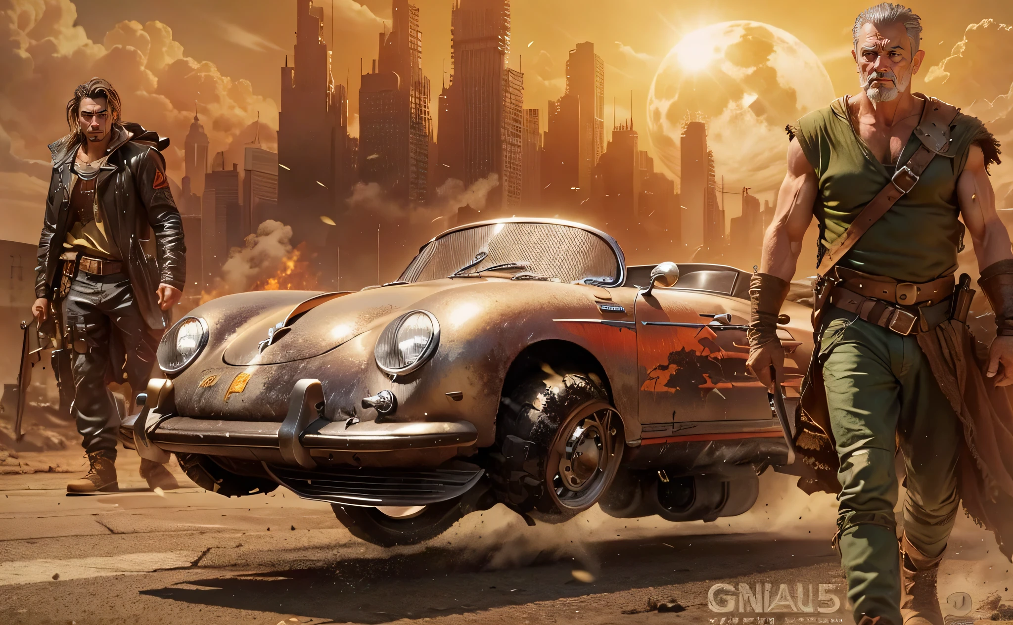 A grunge and deteriorated Hover Porsche 356 transformed into a battle car with missiles and machine gun with a man warrior Mel Gibson is on the right side and a woman warrior on the left in the background there is a huge city with many shosts buildings and a big sun shining