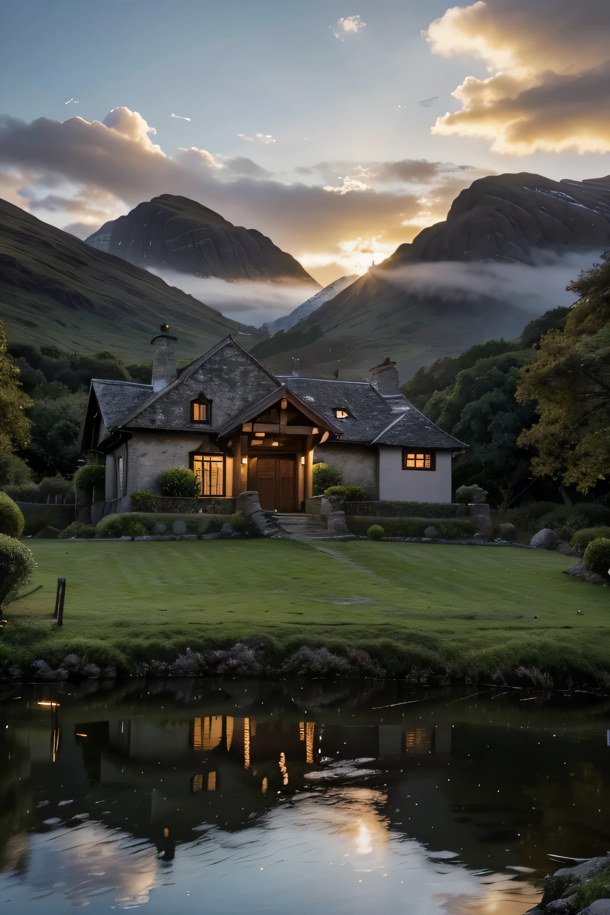 Produce an image of exceptional photo quality, que atinge o auge do ultra-realismo, depicting a majestic house with traditional Scottish architectural design, immersed in the enigmatic atmosphere of the Highlands. This house must proudly display the distinctive features of classical Scottish architecture: Steep roofs adorned with dark gray slate tiles that glow in the twilight; solid stone walls, whose surfaces tell stories of bygone eras through their aged texture and the moss that partially covers them; sash windows that reflect the last ray of sunlight, and an imposing chimney, symbol of a welcoming home. The scenery is a spectacle in itself, situated at the exact moment the sun sets behind the mountains, bathing the sky in shades of orange, rosa e roxo. Twilight light filters through the clouds, creating a dramatic play of light and shadow that enhances the texture and shape of each element of the house and the surrounding landscape. The land surrounding the house is a tribute to the wild beauty of the Highlands, com campos de grama alta ondulando ao vento, arbustos resistentes dispersos e, Ao longe, imposing mountains that are guardians of this isolated kingdom. Detalhes meticulosos devem ser incorporados para enriquecer a cena: desde o efeito de pedra envelhecida que adorna as paredes externas da casa, including the robustness of exposed wooden beams that promise strength and stability, ao jardim cuidadosamente desenhado que envolve a casa, com plantas nativas que florescem em meio a pedras e caminhos de cascalho. This garden is, is not just a complement to the rustic aesthetic; is a sanctuary celebrating the connection between Highland architecture and wildlife. A imagem final deve evocar um profundo sentimento de pertencimento, a refuge where time seems to stop, offering a moment of serenity and contemplation. 