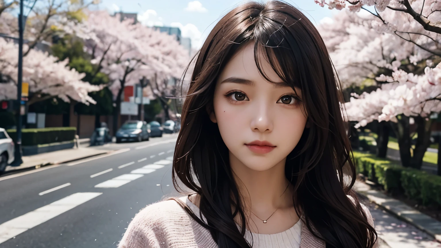 Upper body close-up image. A beautiful woman looks at cherry blossoms with a sad expression. 20s. Dark brown hair. modern clothes. Cherry blossom petals are dancing in the wind.