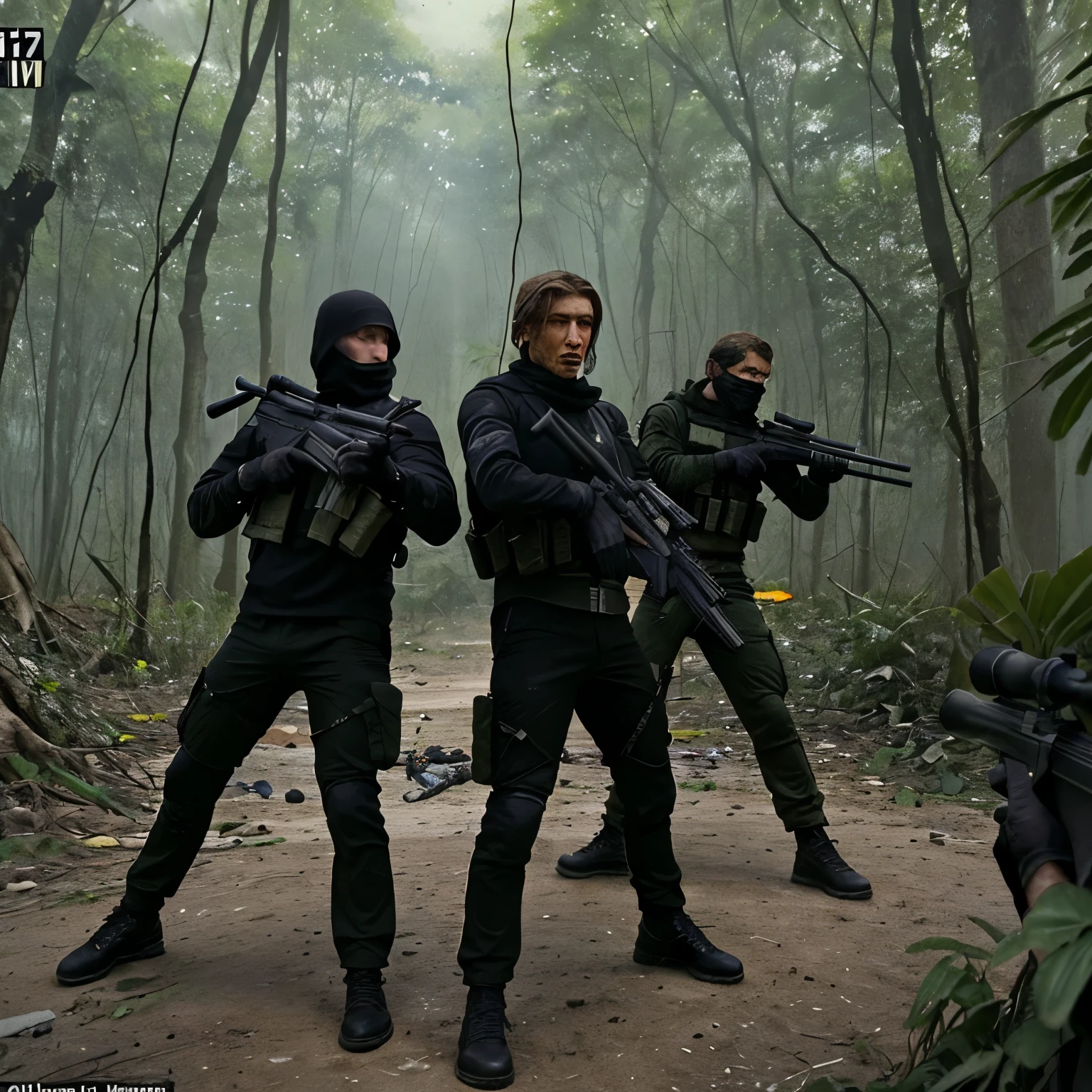 Men fighting with sniper rifles, wearing black clothes, shoe, and glov Action men, view front, correct shooting difficulty, rough jungle, explosion, advanced gun, intense war, no match, High Quality 1.1. Full View 8k