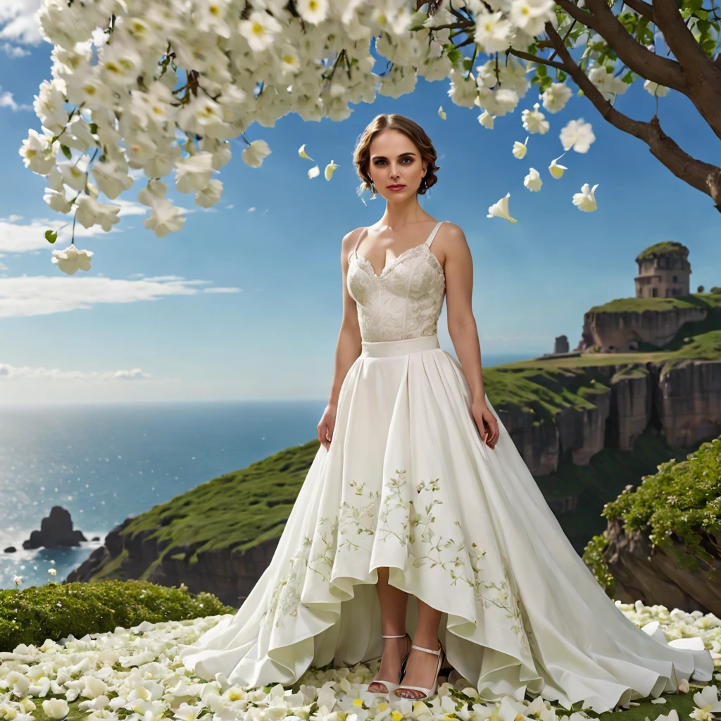 A high resolution, Absolutamente lindo，uma mulher (Natalie Portman) (27 anos)，O vestido Branco，The ball skirt goes to the floor, com um jardim de flores detalhado, with flower petals falling from the sky, in front there is a cliff, com uma (magnificent morning dawn) e muitas nuvens ao fundo, very detailed in the sky.