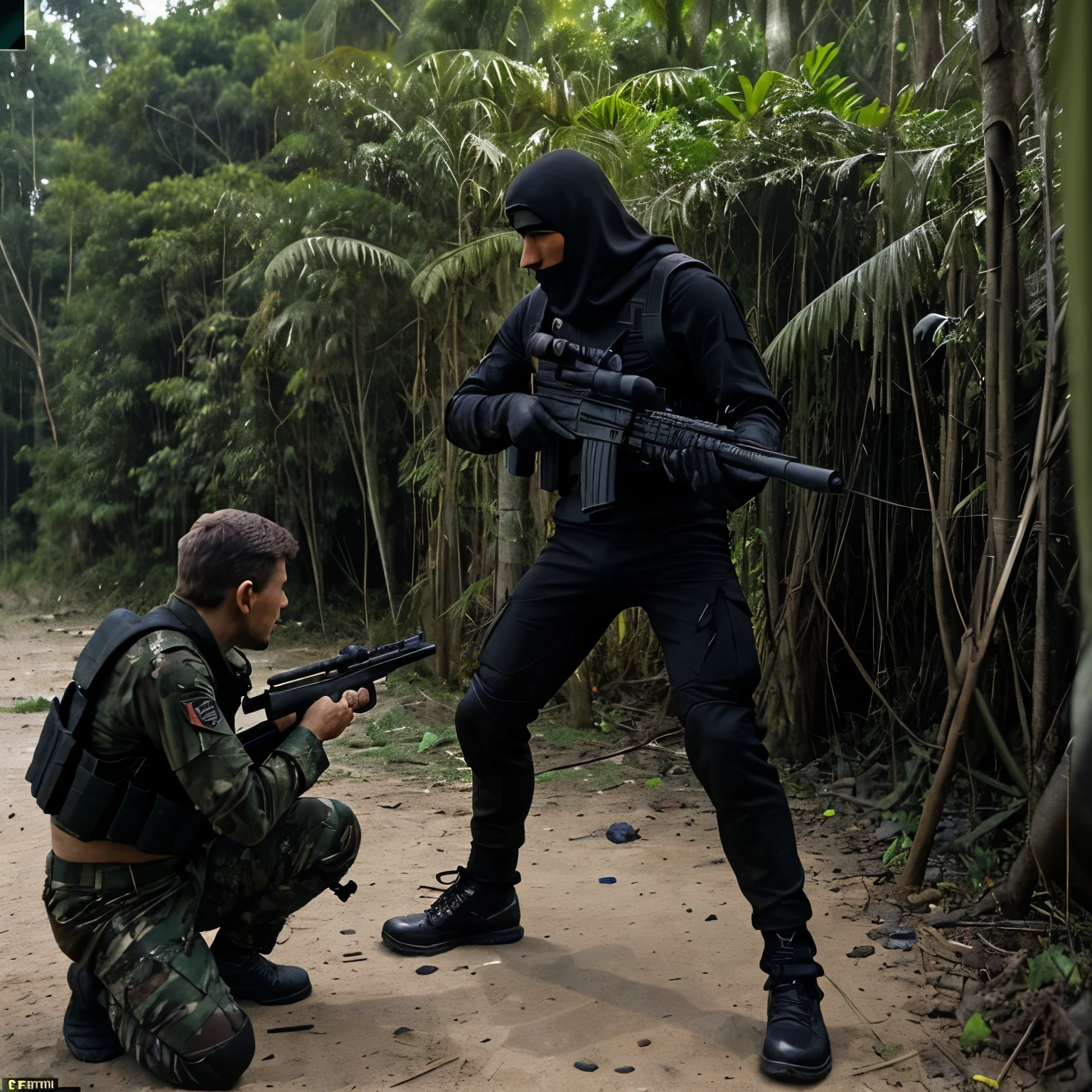 Men fighting with sniper rifles, wearing black clothes, shoe, and glov Action men, view front, correct shooting difficulty, rough jungle, explosion, advanced gun, intense war, no match, High Quality 1.1. Full View 8k