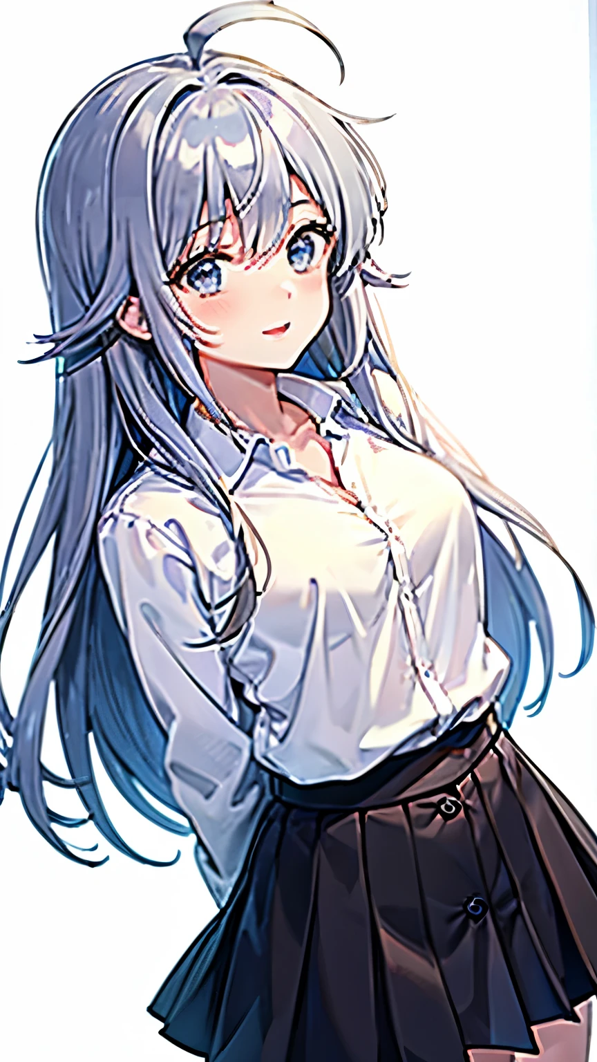 ((masterpiece, highest quality)), (1 girl), (alone), (female focus), (Ahoge, gray hair, very long hair), golden eyes, clear smile, open your mouth, ((white shirt), (shirt with buttons), (gap button)), ((black skirt), (short skirt)), Are standing, white background, turn your arms behind your back, dynamic angle