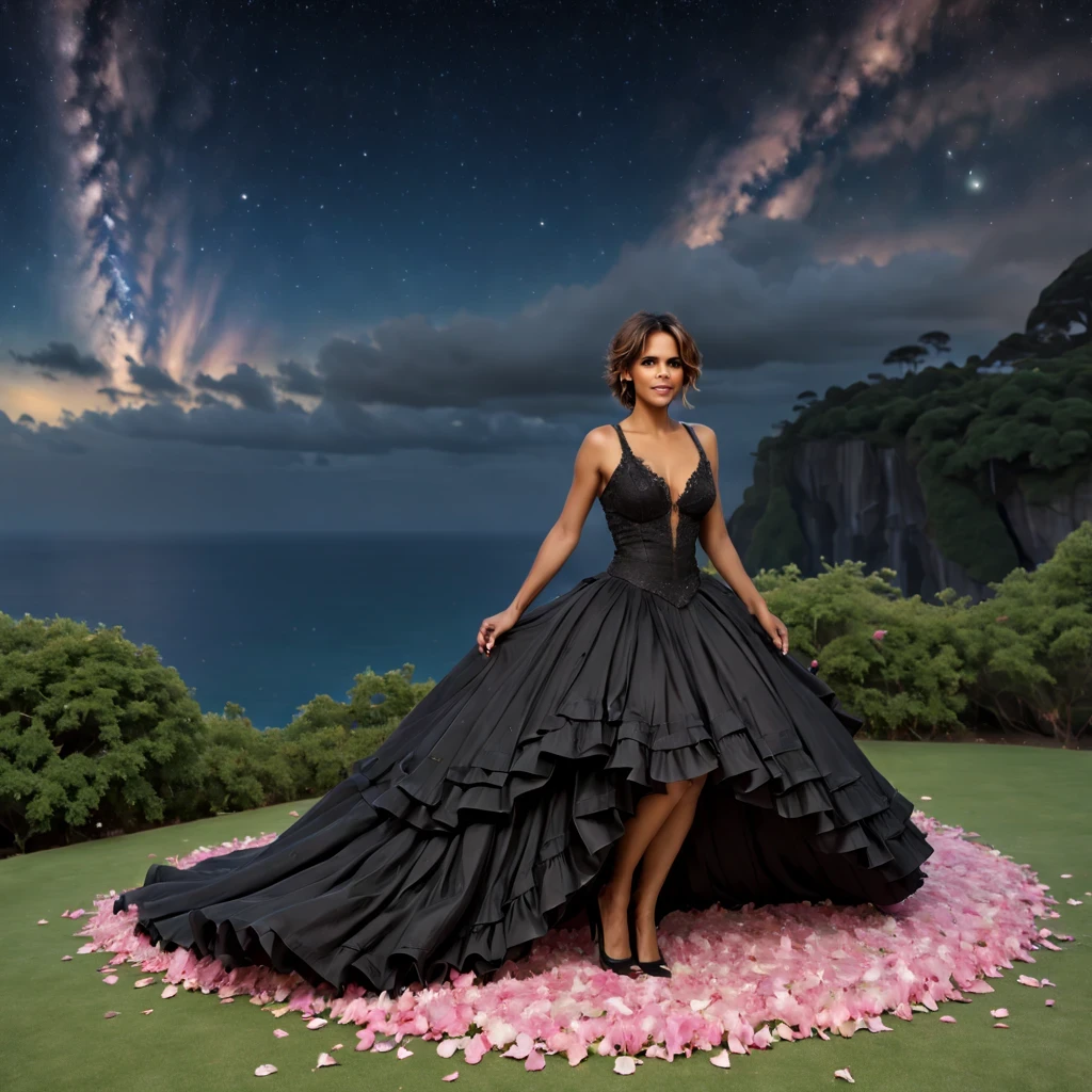 A high resolution, Absolutamente lindo，uma mulher (Halle Berry) (27 anos)，O vestido Preto，The debutante ball skirt is long to the floor, com um jardim de flores detalhado, with flower petals falling from the sky, in front there is a cliff, com uma (magnificent morning dawn) e muitas nuvens ao fundo, very detailed in the sky.