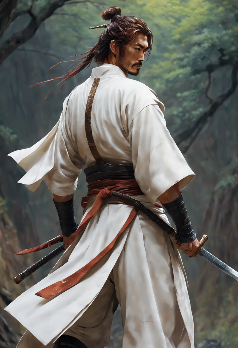 wearing armor.Samurai style with turned back.Impressive handsome man holding sword, beautiful figure painting,concept art, art station, fantasy art, beautiful figure painting, guweiz, rusty digital painting, rusty sakimimichan, flowing white robe, rusty 1. 0