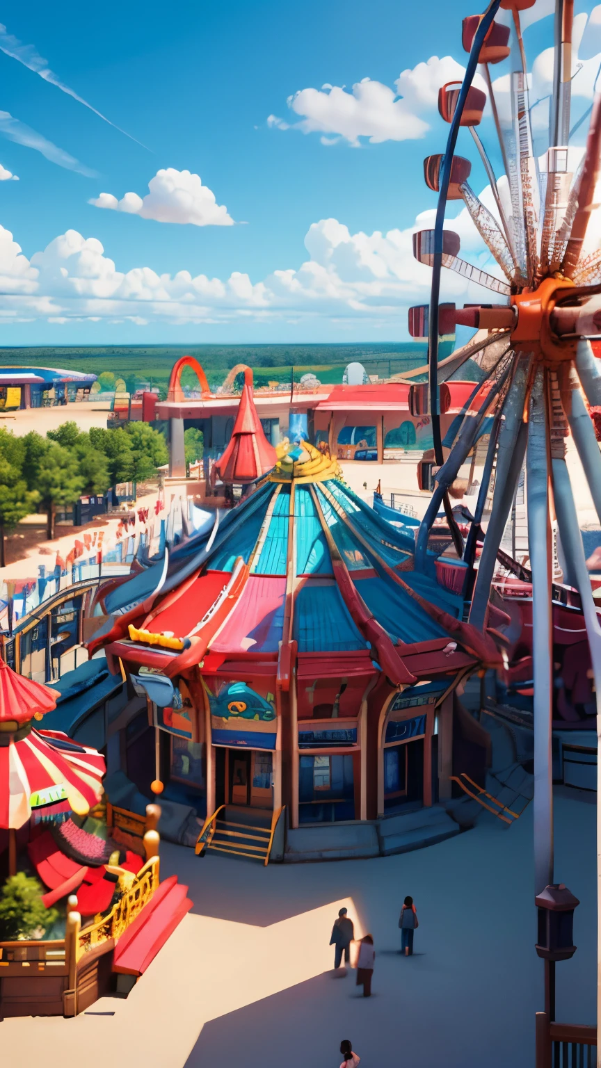 masterpiece, best quality, close up of an amusement park , wonderful amusement park, sky, from above
