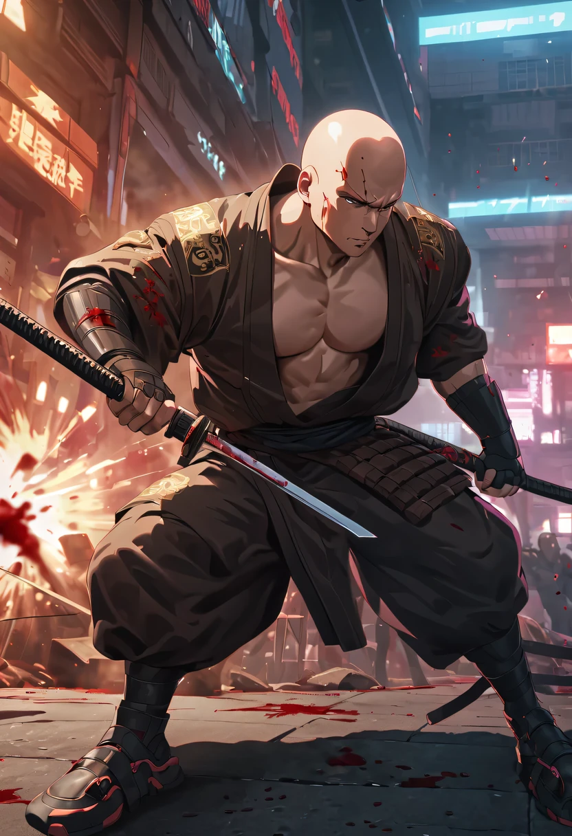sh4g0d风格赛博朋克武士,(bald,monk:1.2),(Strong dynamic stance),struggle,(blood spatter),Strong,fortitude, 8k, Ultra-detailed, precise, best quality