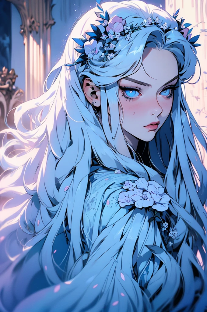 hyper-realistic  of a mysterious woman with flowing silver hair, piercing blue eyes, and a delicate floral crown, backwards, looking back, upper body