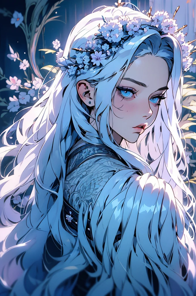 hyper-realistic  of a mysterious woman with flowing silver hair, piercing blue eyes, and a delicate floral crown, backwards, looking back, upper body