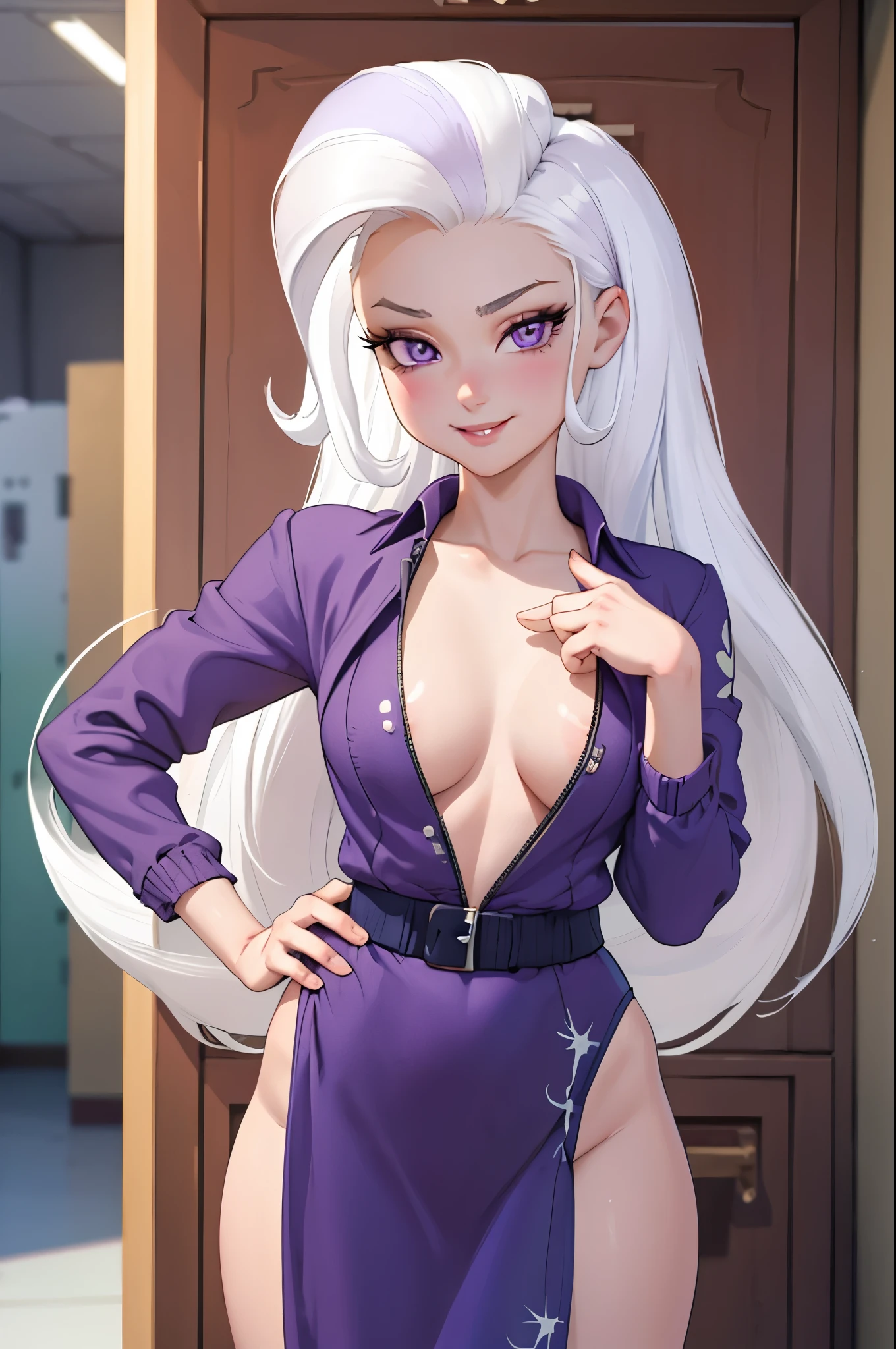 masterpiece, best quality, solo, 1girl, mlptrixie, white hair, violet eyes, small breasts, nude, completely nude, standing frontally, pov, looking at viewer, seductive smile, locker room, detailed hands, five fingers