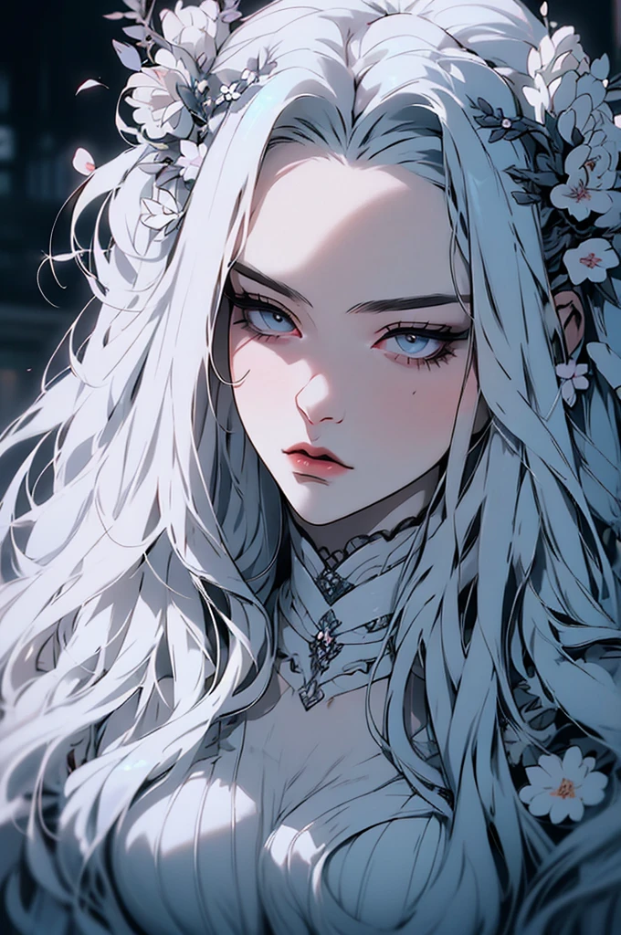 hyper-realistic of a mysterious woman with flowing silver hair, piercing gray eyes, and a delicate floral crown, , upper body