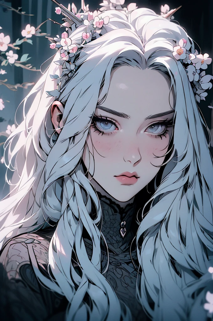 hyper-realistic  of a mysterious woman with flowing silver hair, piercing gray eyes, and a delicate floral crown, , upper body