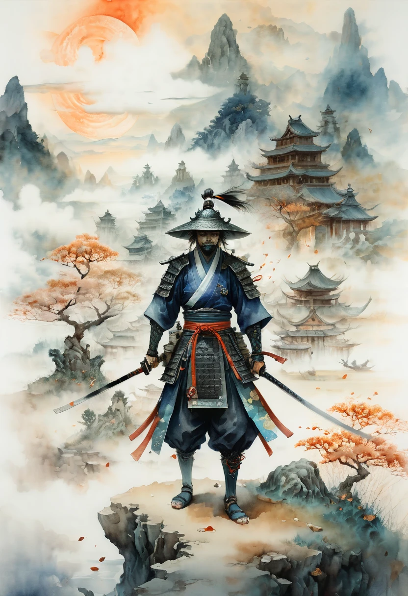 watercolor artwork, ancient dreamscape, arcane samurai, fantasy art, surreal, ethereal, mystical haze, stunning watercolor painting on canvas, (best quality, masterpiece, Representative work, official art, Professional, Ultra intricate detailed, 8k:1.3)