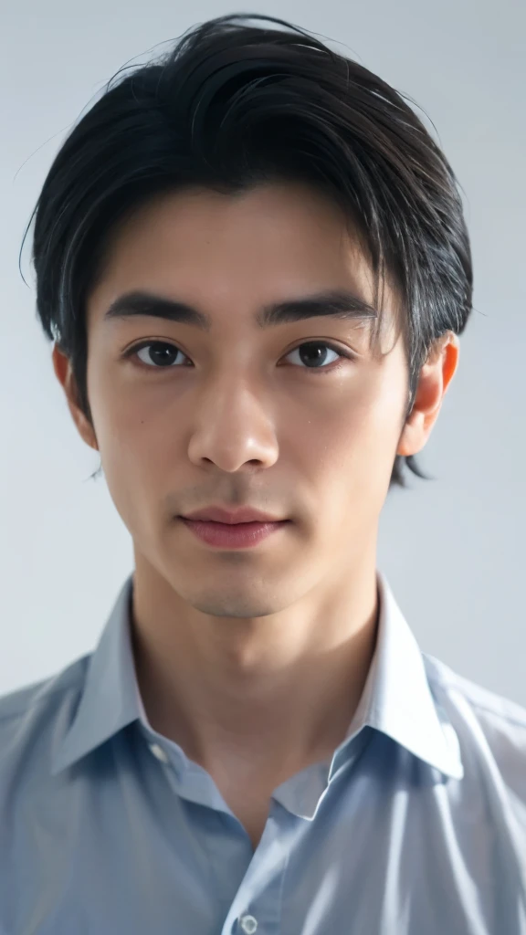 (((Male))), 29 years old, Japanese, high-definition, realistic image, upper body composition, face illuminated, short straight black hair, sharp eyebrows, narrow eyes with a hint of cunning, a pointed nose, thin-lipped smile, wearing a smart casual button-up shirt with rolled-up sleeves, a wristwatch indicative of attention to detail, not overly muscular but fit, background is a modern office setting, facial imperfections like a subtle scar over the right eyebrow