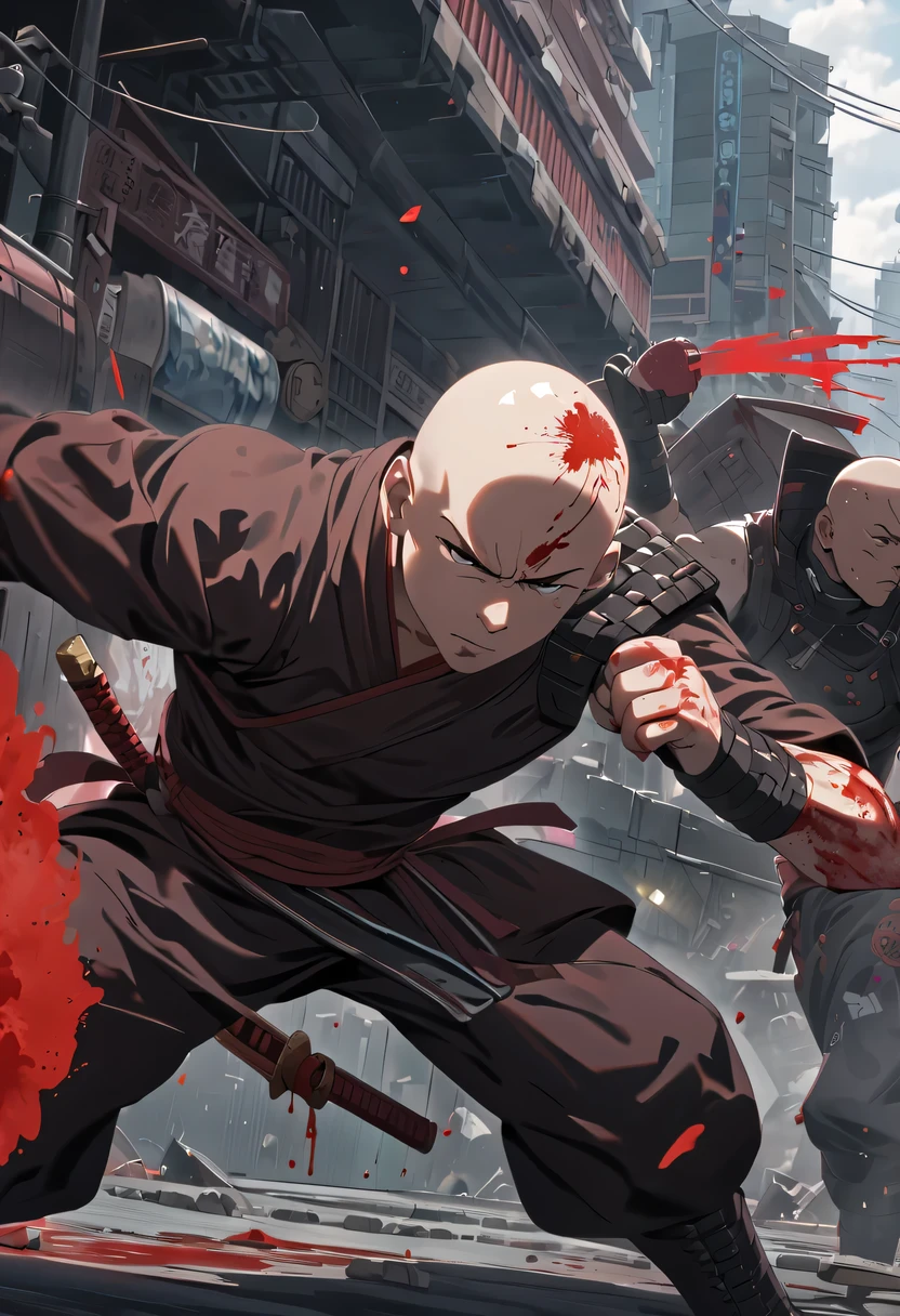 sh4g0d风格赛博朋克武士，(cape mask:1.2),(Strong dynamic stance)，struggle，(blood spatter)，Strong，His face is very determined， 8k, Ultra-detailed, precise, best quality