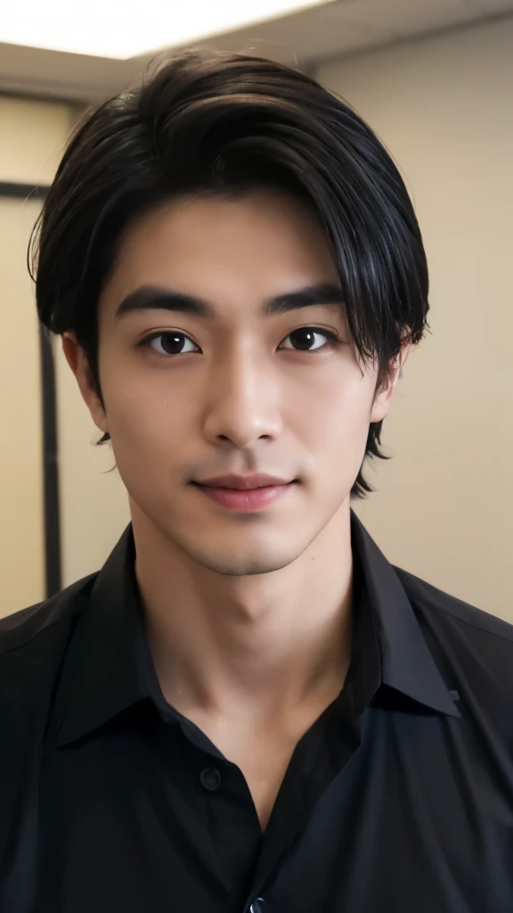 (((Male))), 29 years old, Japanese, high-definition, realistic image, upper body composition, face illuminated, short straight black hair, sharp eyebrows, narrow eyes with a hint of cunning, a pointed nose, thin-lipped smile, wearing a smart casual button-up shirt with rolled-up sleeves, a wristwatch indicative of attention to detail, not overly muscular but fit, background is a modern office setting, facial imperfections like a subtle scar over the right eyebrow