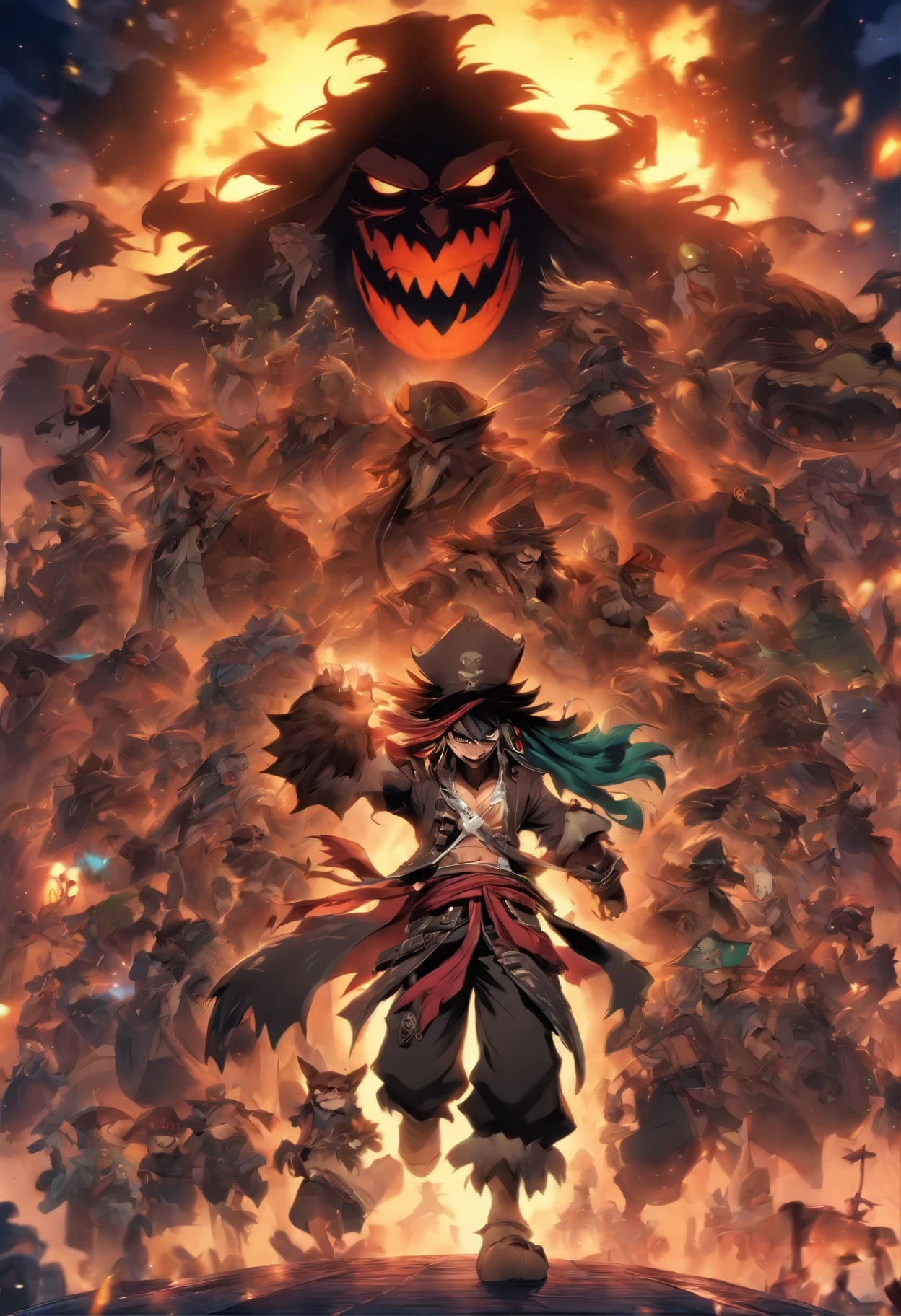 top quality, best quality, High-quality illustrations, masterpiece, super high resolution, detailed background, Hospitals with power outages, Spooky creatures, Pirate Ship, a pirate, 6+boys, 6+girls, absurdres(highly detailed beautiful face and eyes)perfect anatomy, expression, good lighting, cinematic shadow(kemono, furry anthro),
