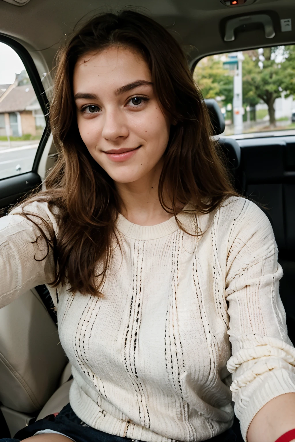 Picture of an 18 year old, braune Haare, in einem Auto, Selfie persepective, Smile sweater