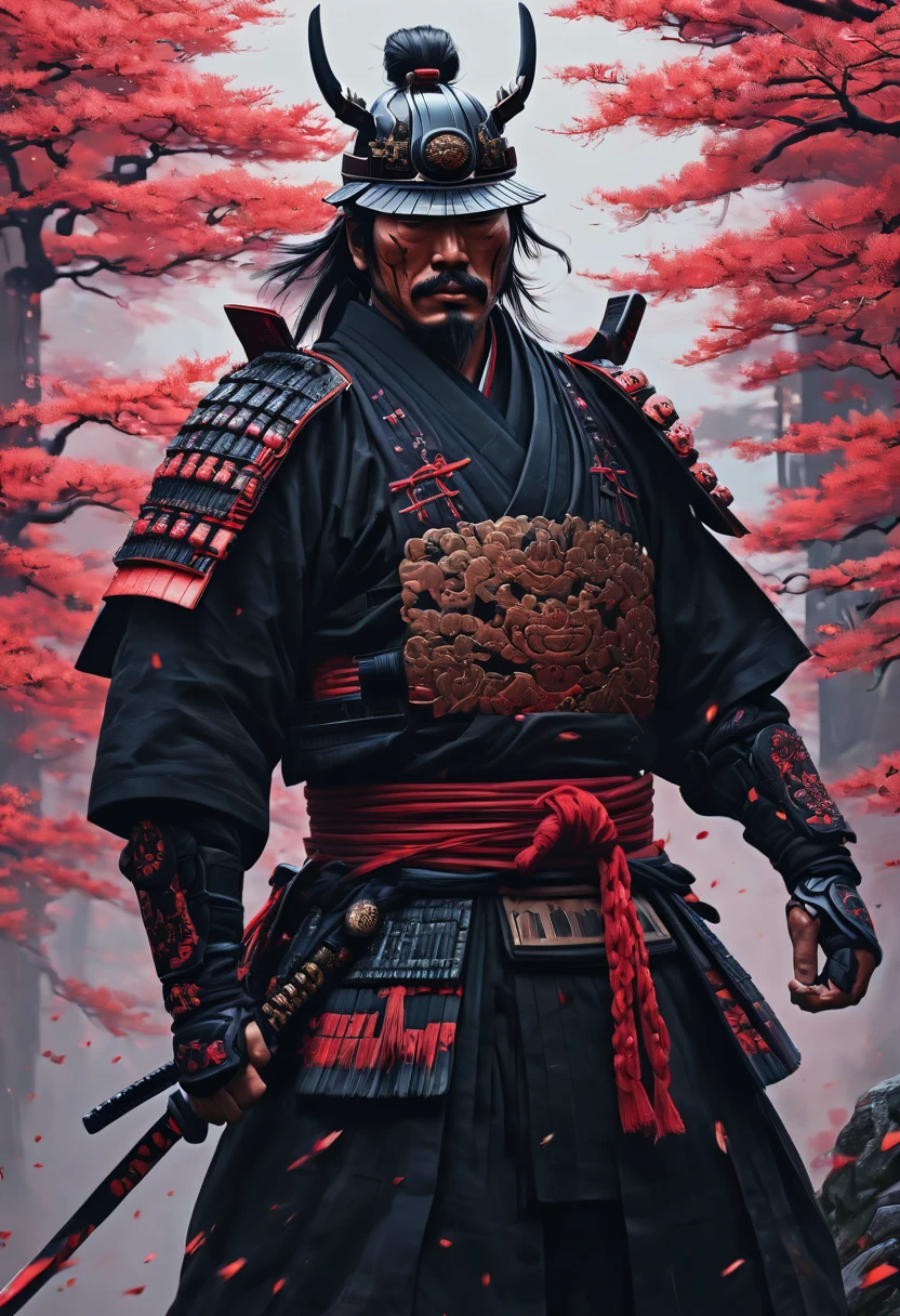 samurai, double exposure, Multiple exposure, best quality, masterpiece, Representative work, official art, Professional, Ultra intricate detailed, 8k