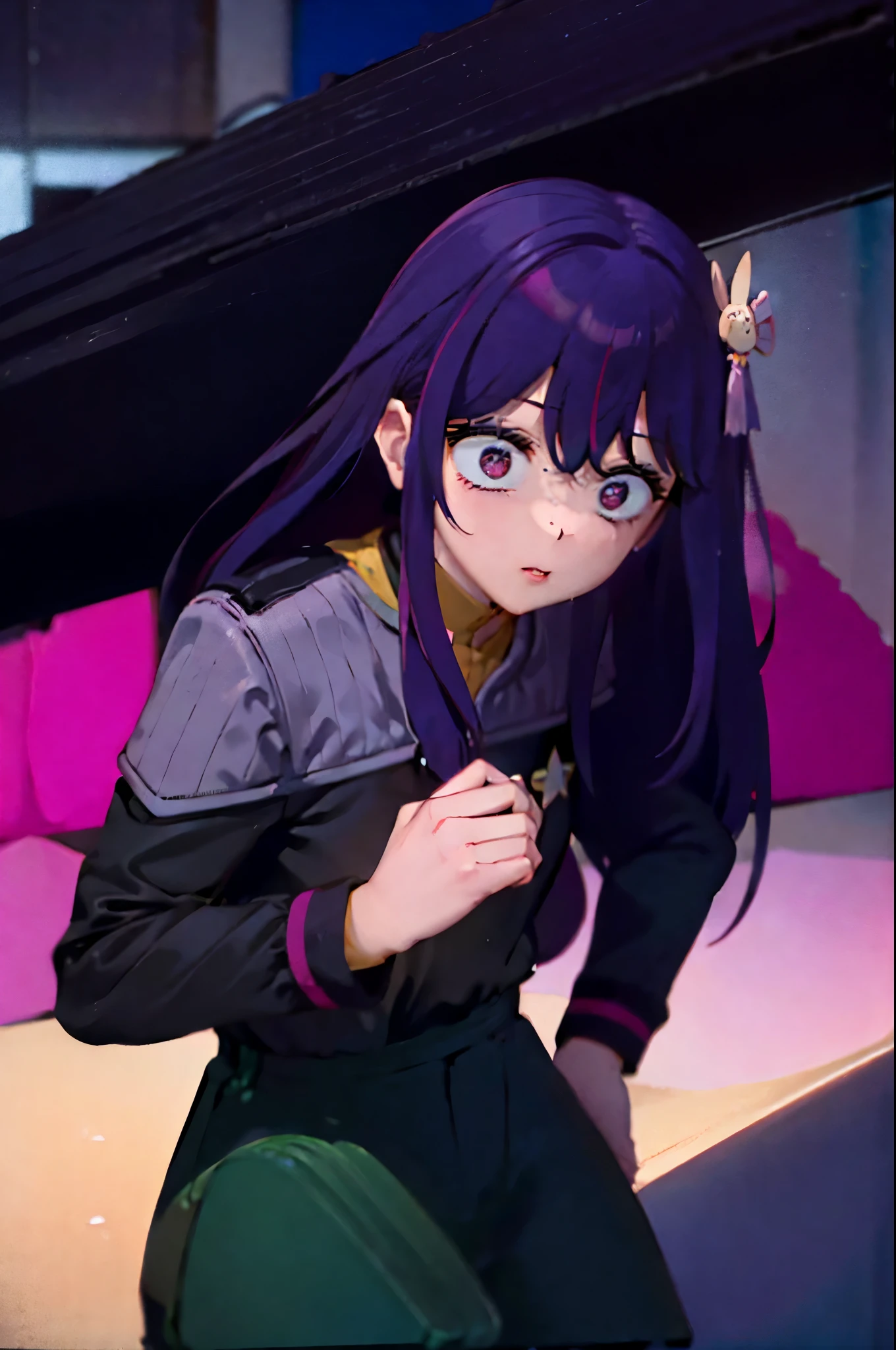 fullbody facing the viewer Hoshino Ai, long hair, purple hair, streaked hair ,purple eyes, star-shaped pupils, hair ornament, ds9st red and black uniform constricted pupils