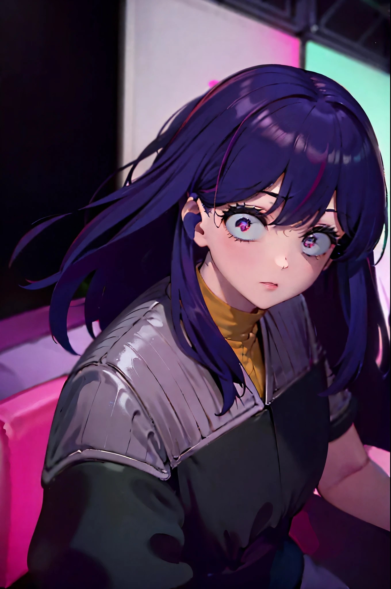 fullbody facing the viewer Hoshino Ai, long hair, purple hair, streaked hair ,purple eyes, star-shaped pupils, hair ornament, ds9st red and black uniform constricted pupils