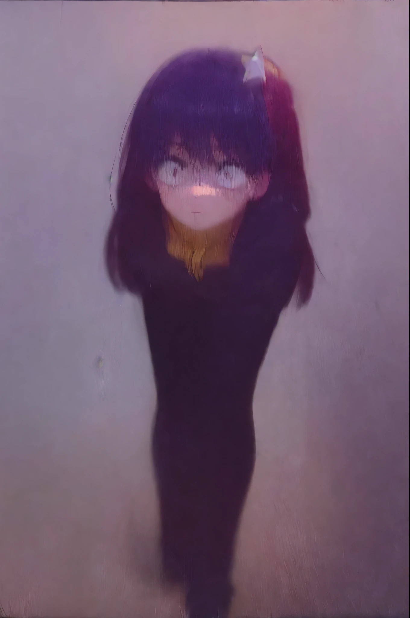fullbody facing the viewer Hoshino Ai, long hair, purple hair, streaked hair ,purple eyes, star-shaped pupils, hair ornament, ds9st red and black uniform constricted pupils