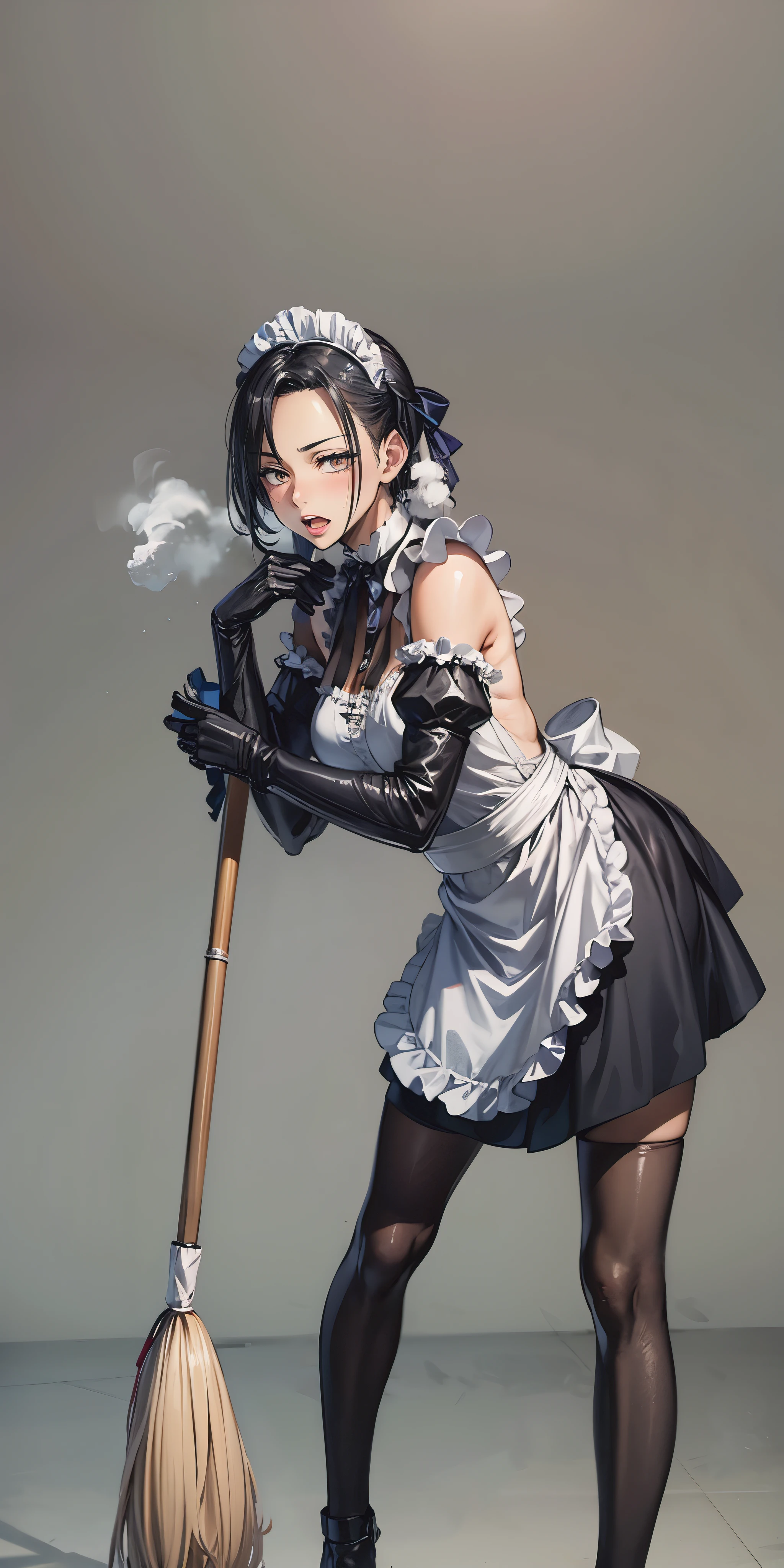 1girl, pantyhose, maid, gloves, black_hair, maid_headdress, solo, apron, frills, elbow_gloves, dress, black_gloves, black_legwear, short_hair, broom, lips, breasts, standing, puffy_sleeves, blush, looking_at_viewer, leaning_forward, black_eyes, open_mouth, holding, smile, bangs, earrings, black_dress, maid_apron, red_lips"glow effects, godrays, Hand drawn, render, 8k, octane render, cinema 4d, blender, dark, atmospheric 4k ultra detailed, cinematic, Sharp focus, big depth of field, Masterpiece, colors, 3d octane render, 4k, concept art, trending on artstation, hyperrealistic, Vivid colors, extremely detailed CG unity 8k wallpaper, trending on CGSociety, Intricate, High Detail, dramatic", anime coloring, anime screencap, sweating, steaming body, fog