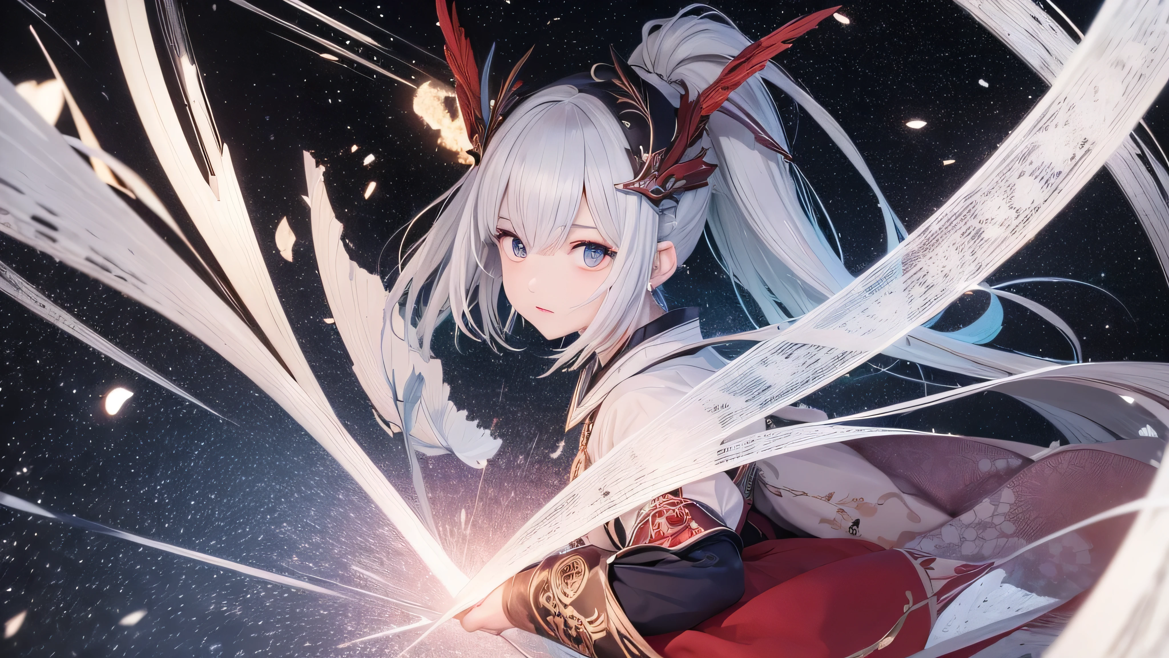 1 garota, roupas japonesas, rabo de cavalo ,cabelo branco, olhos roxos, magic circle, fogo azul, chamas azuis, papel de parede, paisagem, sangue, respingos de sangue, profundidade de campo, noite, light particles, raios de luz, side lighting, Coxas, destino \(Series\), Impacto Genshin, ****, jaqueta aberta, saia, coxas, Nuvem