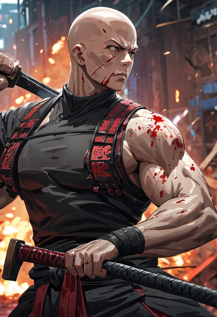 sh4g0d风格赛博朋克武士,(bald,monk:1.2),(Strong dynamic stance),struggle,(blood spatter),Strong,His face is very determined, 8k, Ultra-detailed, precise, best quality