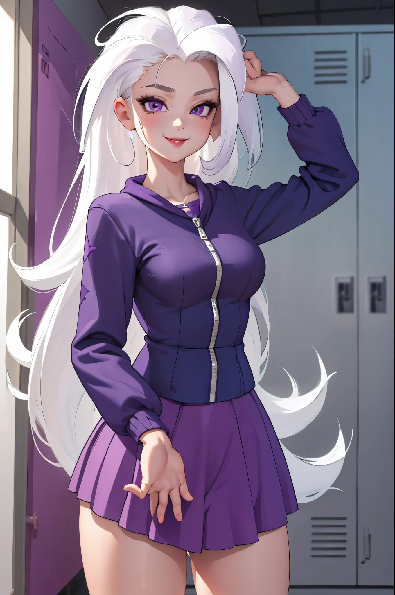 masterpiece, best quality, solo, 1girl, mlptrixie, white hair, violet eyes, small breasts, naked body, nude, completely nude, standing frontally, pov, looking at viewer, seductive smile, locker room, detailed hands, five fingers