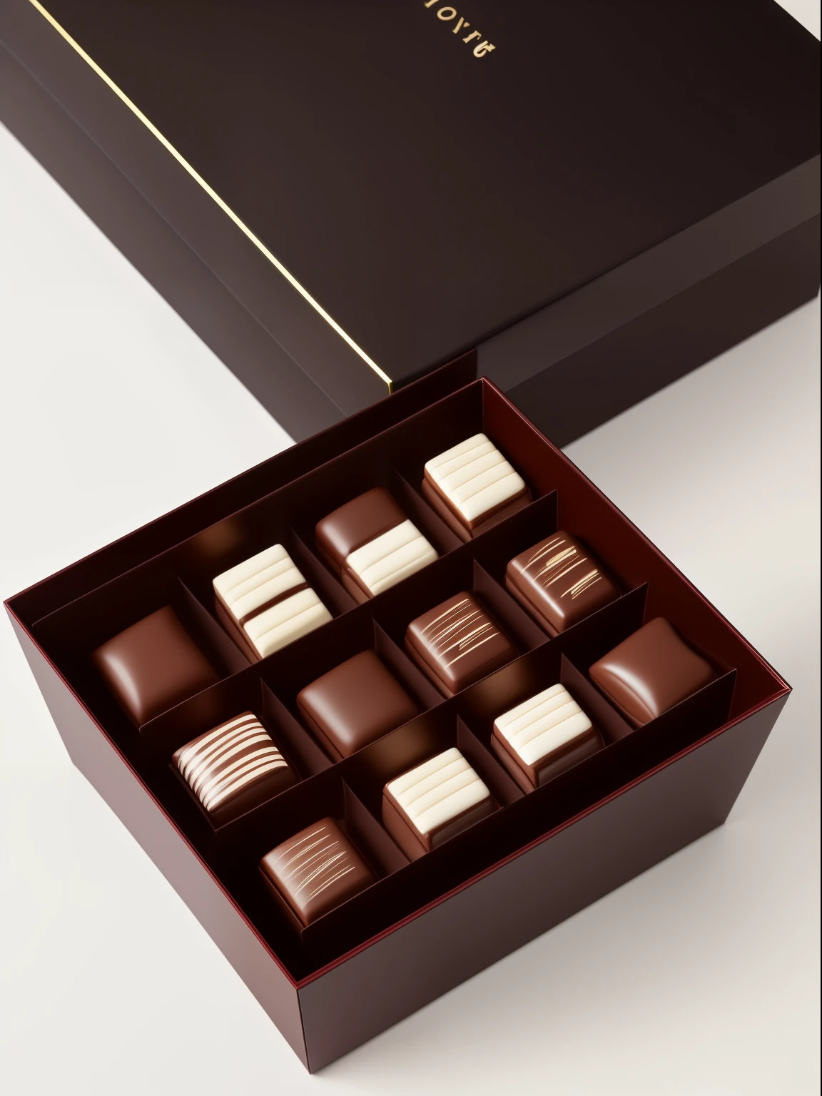 Masterpiece, Minimalism, close-up view from top, product photo extremely detailed, luxury candy box with Belgium chocolate candies inside, 8k, uhd