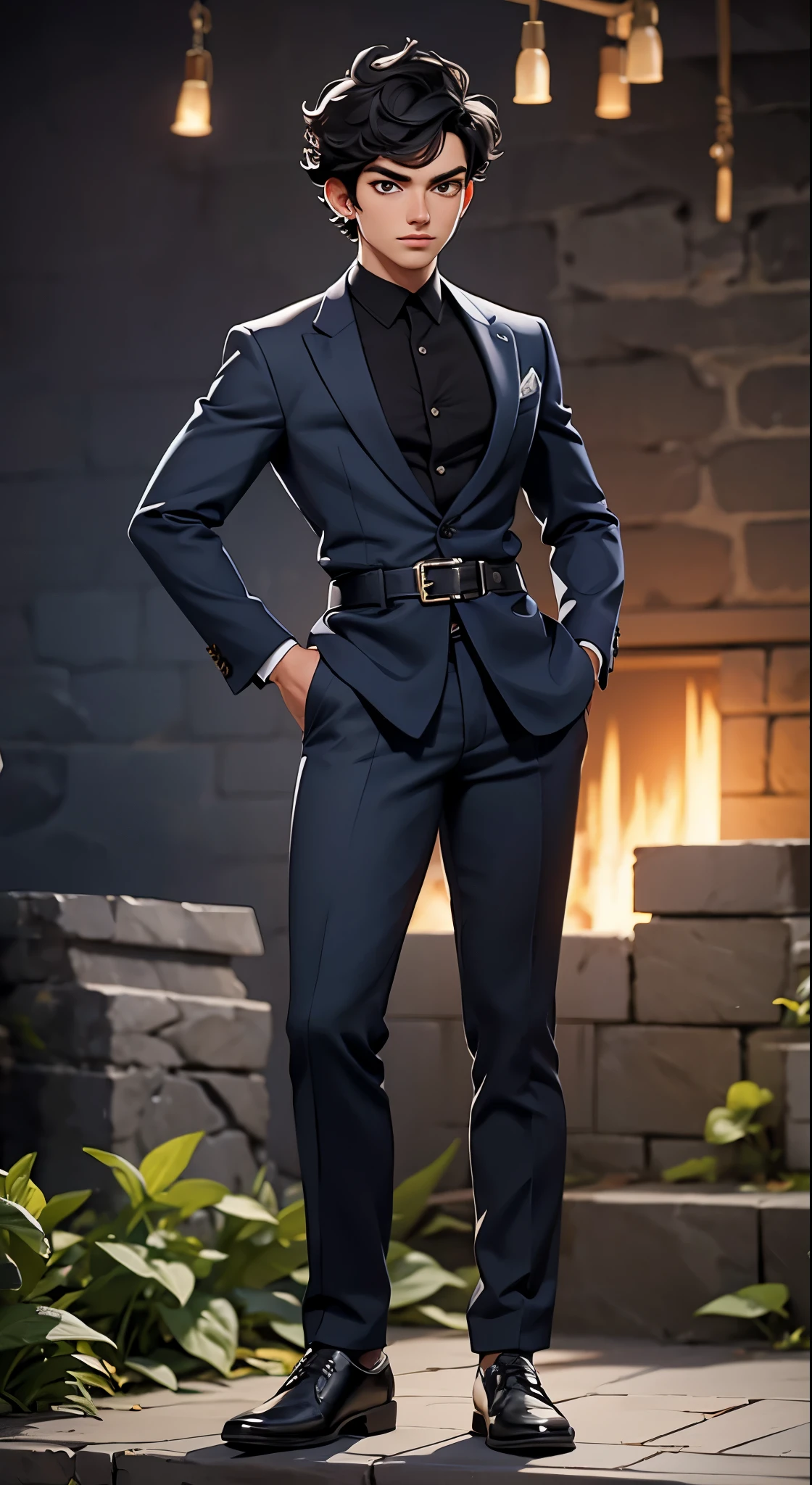 Man. 21 years old man, short curly black hair, medium:illustration, plump skin, muscular, ligjt gray elegant suit, (best quality,4k,8k,highres,masterpiece:1.2),ultra-detailed,realistic,photorealistic:1.37, portraits, vibrant colors, natural lighting. Full body. Background garden in the night