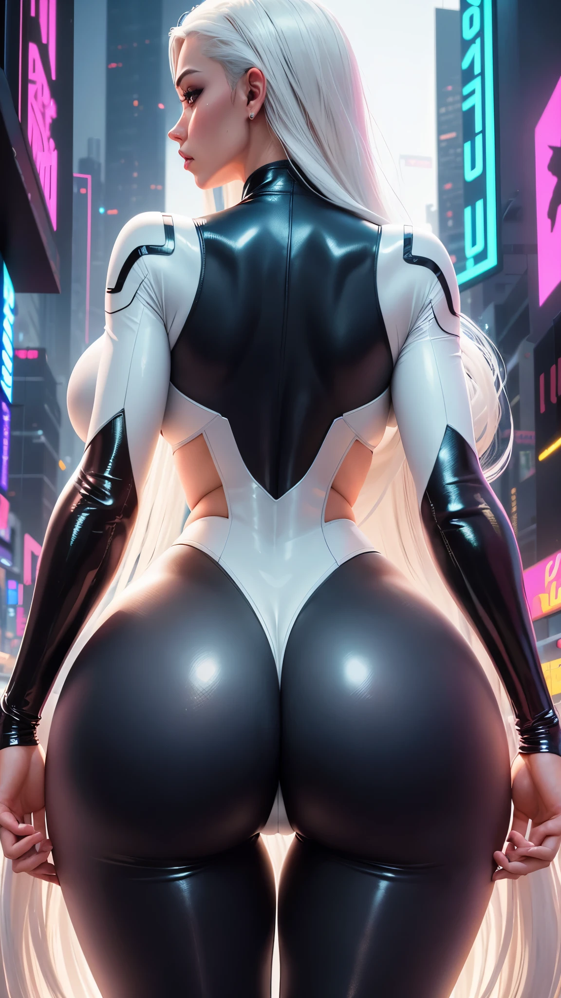 high quality, A high resolution, high quality face, Ultra detail, Gorgeous girl, big ass, big breasts, beautiful breasts, latex suit, cancer, ass close-up, back view, ((white long hair)), cyberpunk, City of the future, holograms, neon lighting,