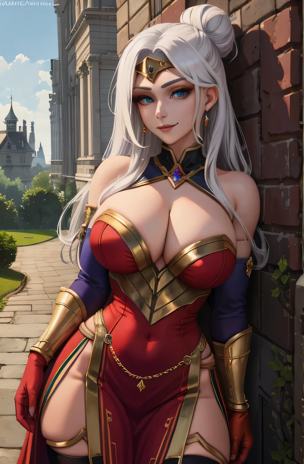 Lian, long white hair, single hair bun, hair stick,bangs,blue eyes, solo, smiling,
standing, upper body, hips,
bare shoulders,purple thighhighs,red dress, gold jewelry,armor,gloves,circlet, cleavage,
red and gold royal castle, gigantic breasts,
(best quality, masterpiece, beautiful and aesthetic:1.2, highest detailed face, perfect face,)